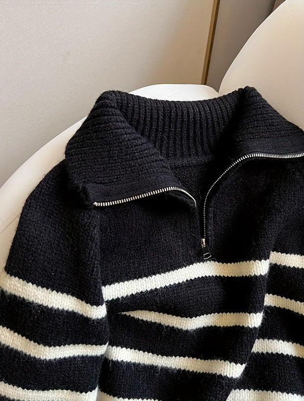 Striped Color Block Collared Sweater for Women Autumn Winter New Arrival Thick Half Zip Loose Soft Knit Top