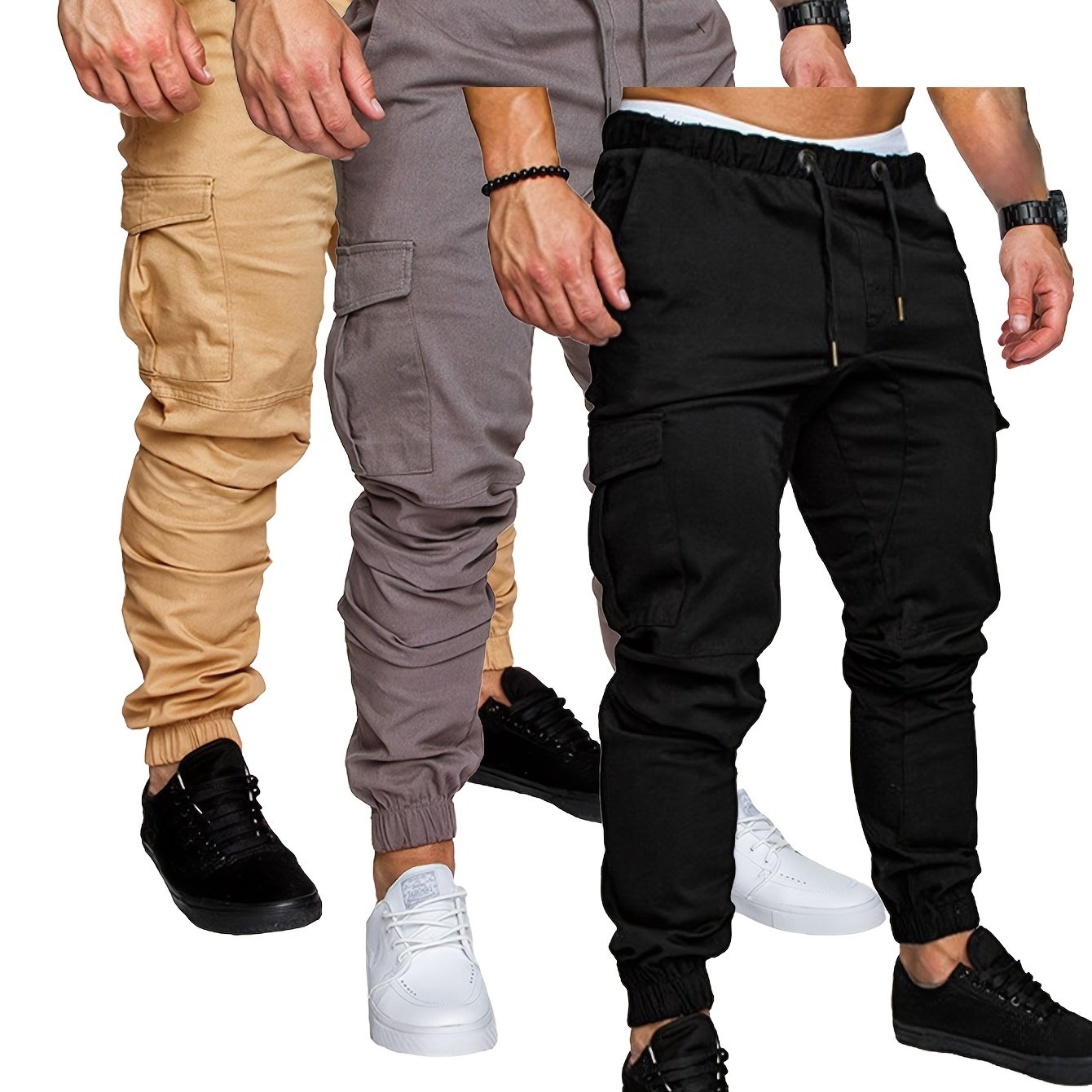 3-Pack Men'S Casual Cotton Cargo Pants, Solid Color, Non-Stretch, Regular Length, Drawstring Waist, Four Seasons, Standard Fit, Woven Fabric