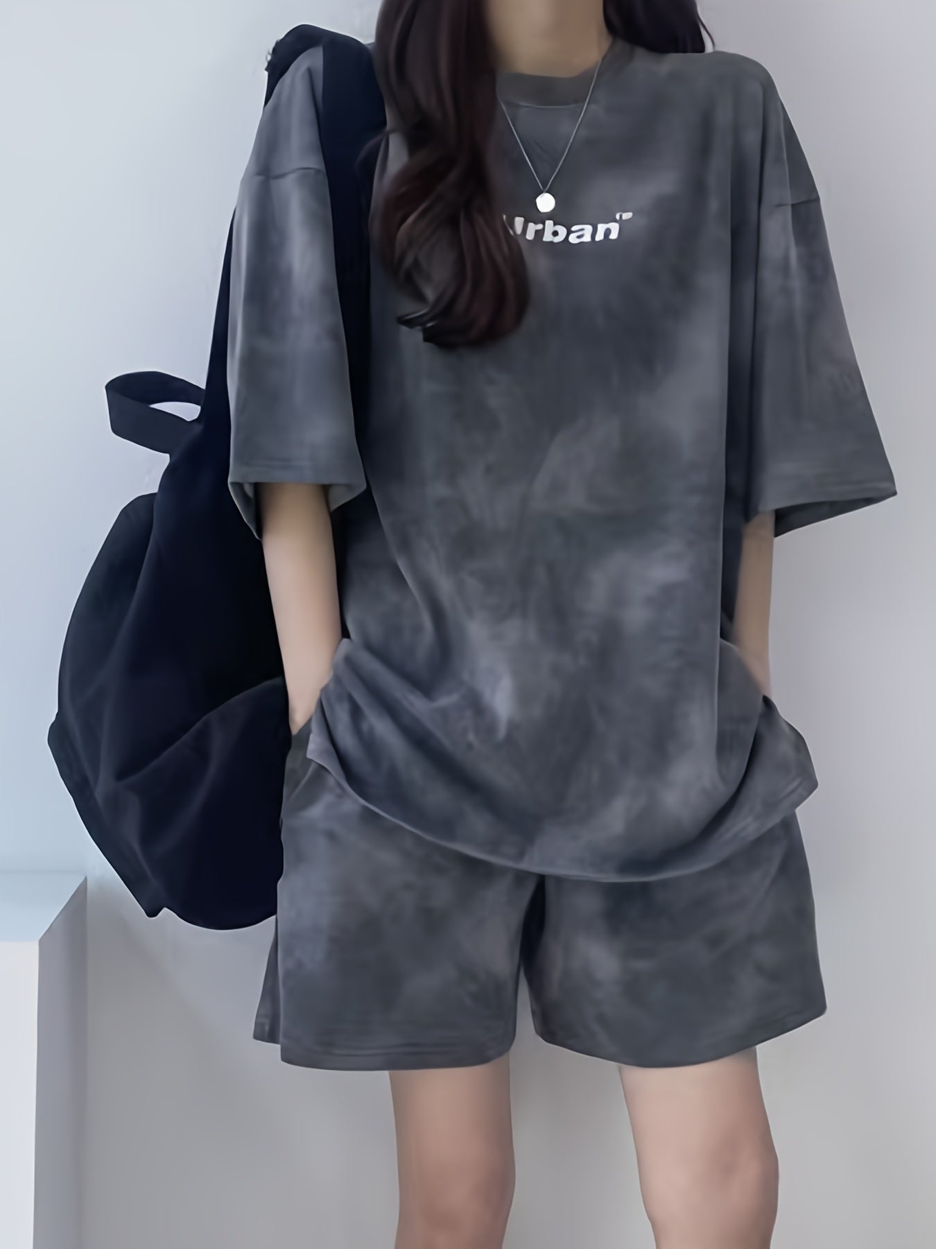 Women's Fashionable Tie-Dye Letter Print Comfortable Casual Loose Short Sleeve Top & Side Pocket Shorts Set - Summer Sporty Outfit in Gray, Polyester/Spandex Blend