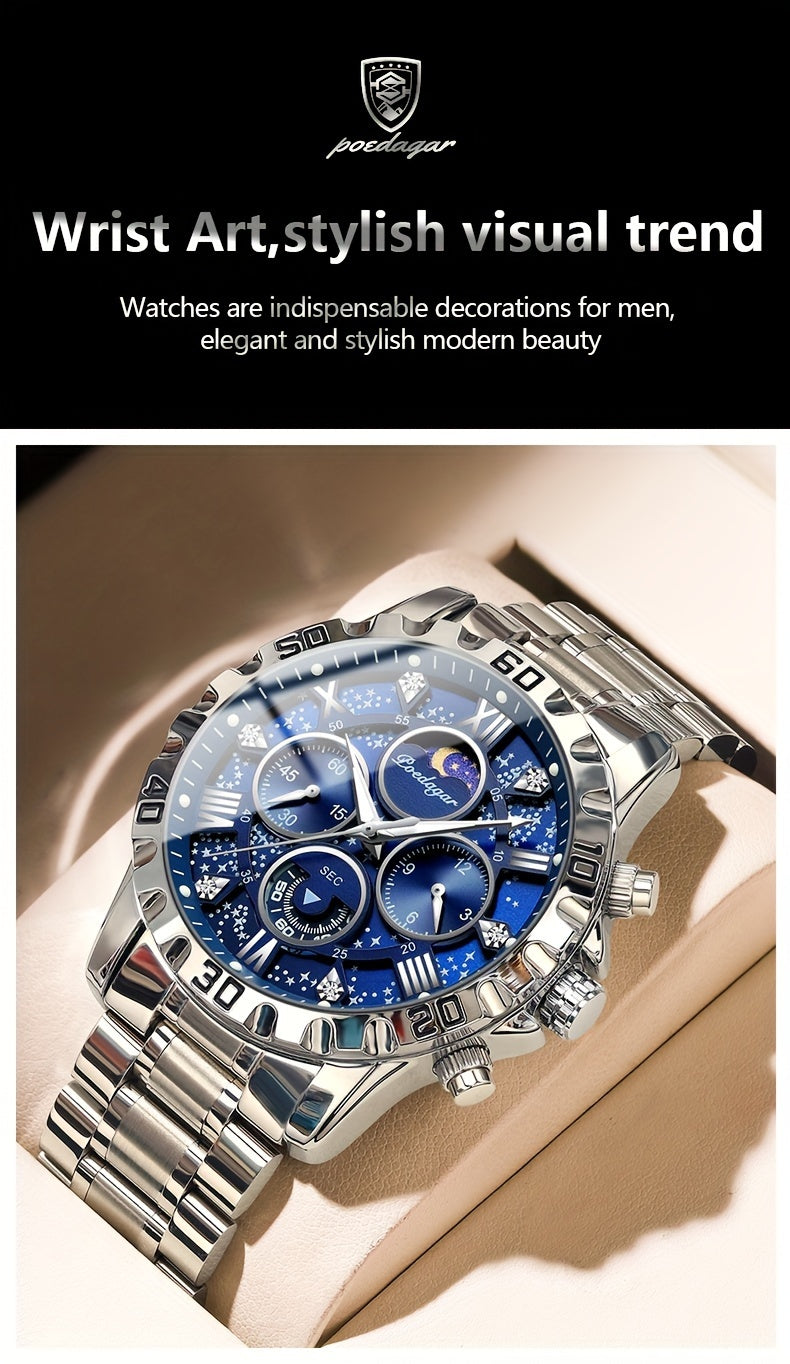 POEDAGAR Men'S Luxury Stainless Steel Quartz Watch with Moon Phase and Calendar - Waterproof, Night-Glow Hands, and Detailed Dial for Business and Formal Attire, Formal Watch | Detailed Watch Face | Quartz Movement