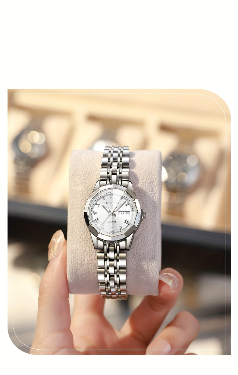 DEDIMA Women'S Luxury Stainless Steel Watch - Elegant Rhombus Design with Roman Numerals, Double Calendar, and Multifunctional Steel Strap
