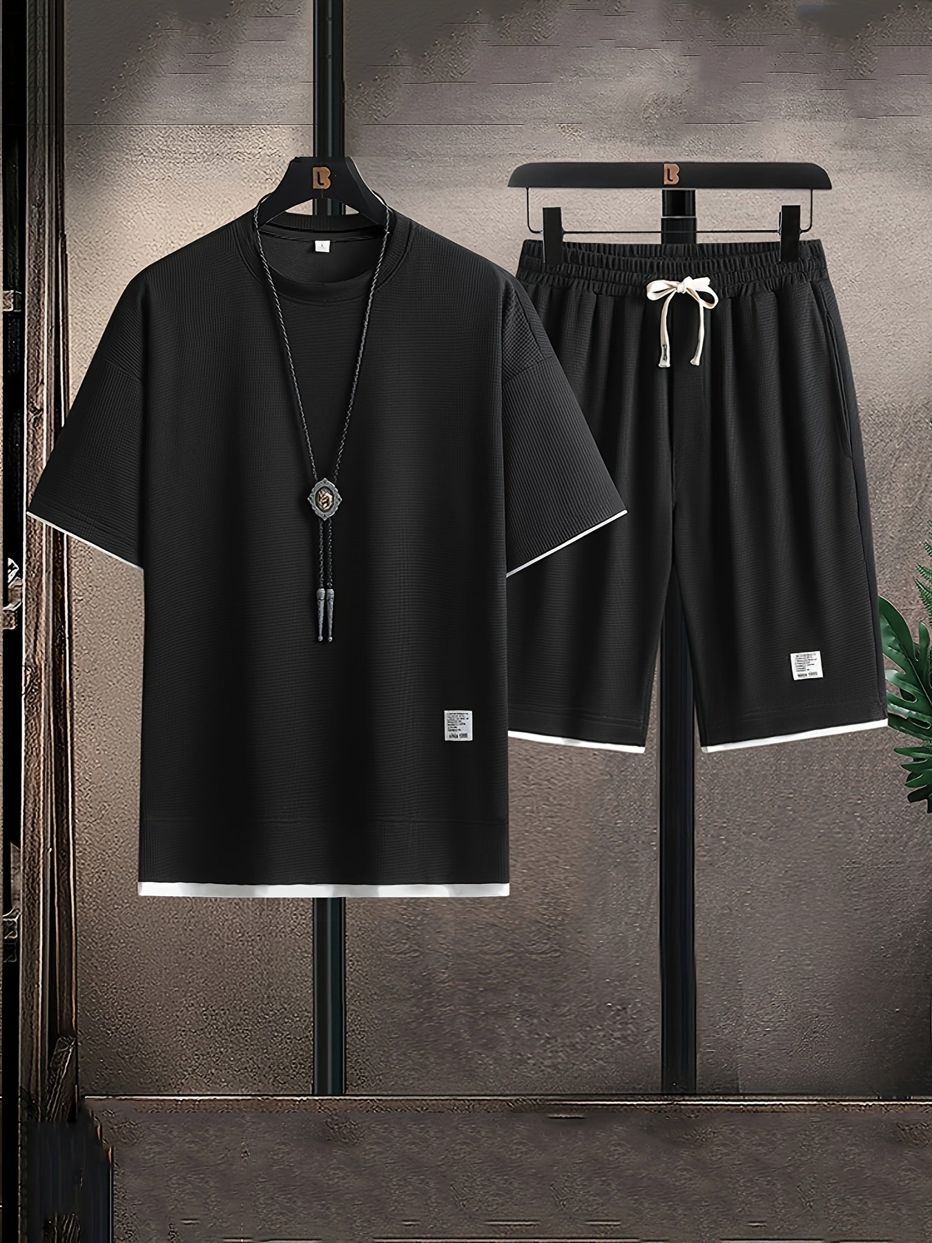 Waffle Grid Men's Trendy Round Neck T-shirt Breathable Casual Sports Suit Loose Two-Piece Set