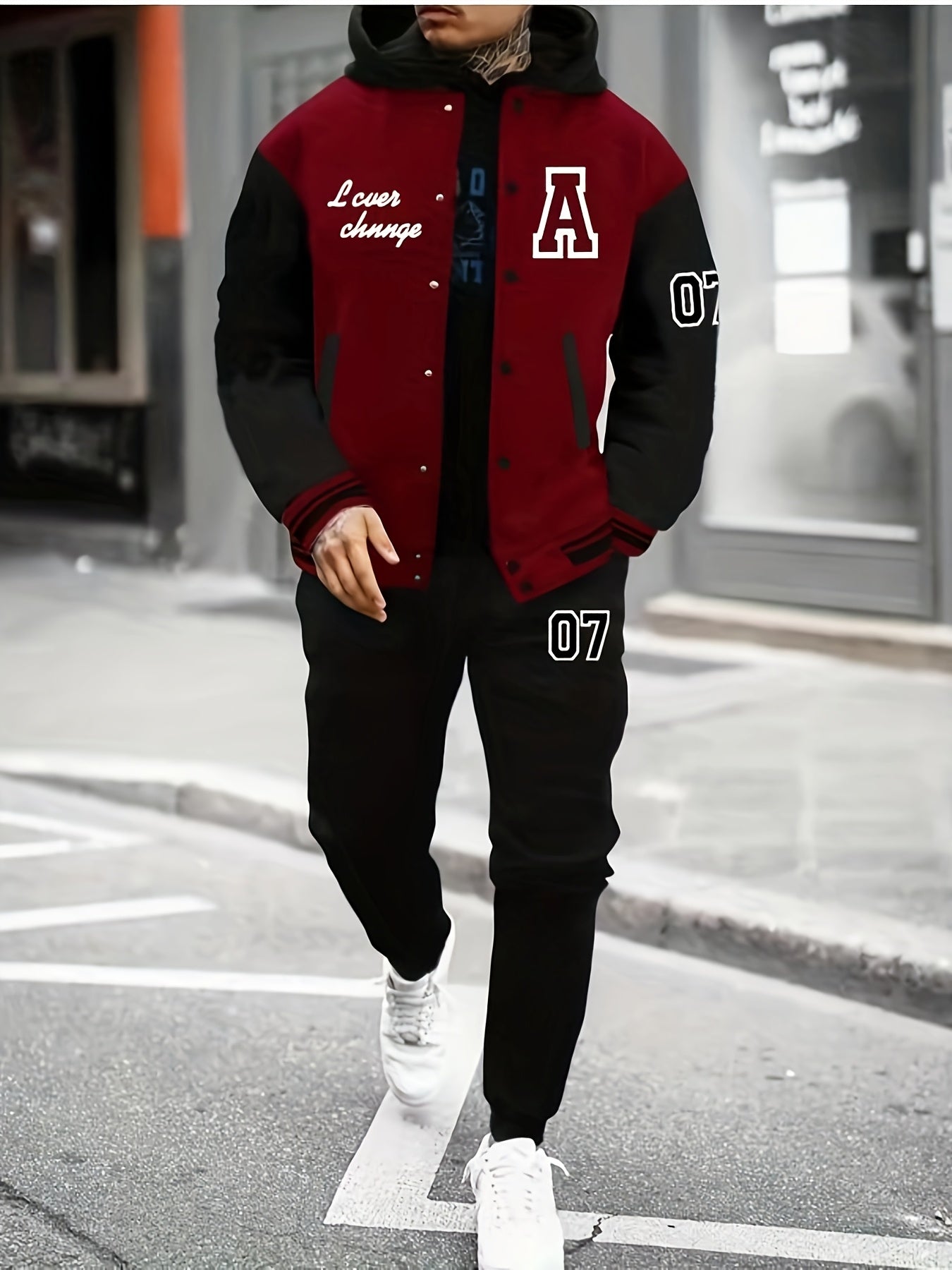 Men'S A07 Sporty Casual Baseball Outfit - Black & White "A" Print Jacket with Pockets, Matching Pants, Polyester Blend, Fall/Winter Wear, Casual Sportswear | Letter Print Jacket | Knit Construction, Baseball Attire