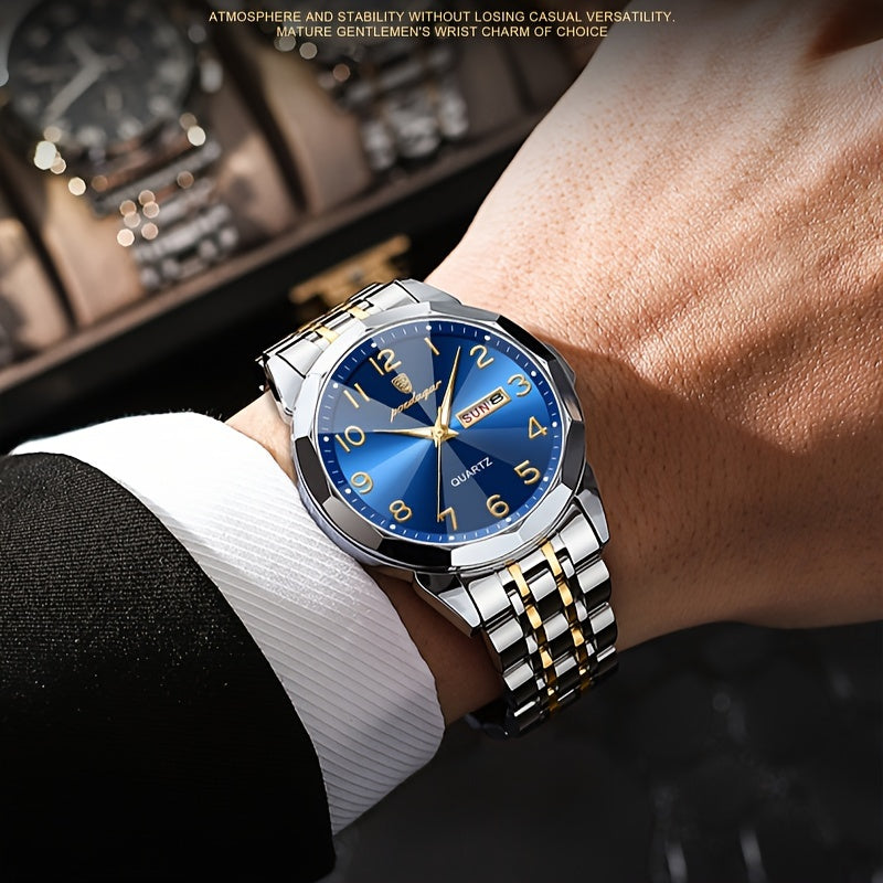 1pc BINBOND Men'S Fashion Watch, Luxury Dual Calendar Quartz Wristwatch, Business Style, Round Alloy Case, Stainless Steel Strap, Water-Resistant, Luminous Pointer Display, Battery Powered, Perfect for Valentine's, Christmas,