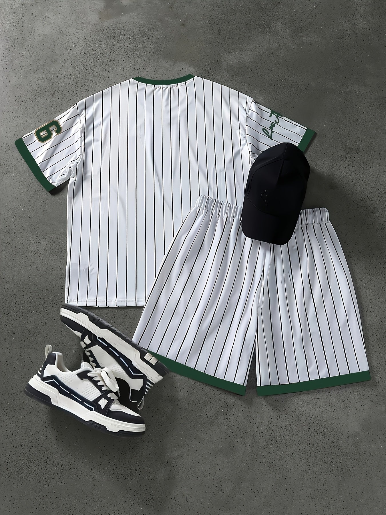 2pcs Set, Men'S Plus Size Los Angeles 66 Print T-Shirt + Shorts - Casual Sportswear, Breathable Stretch Knit Fabric, Crew Neck, Machine Washable, Black and White Diagonal Stripe, Party Clothing | Casual Style | Comfort Fit, L