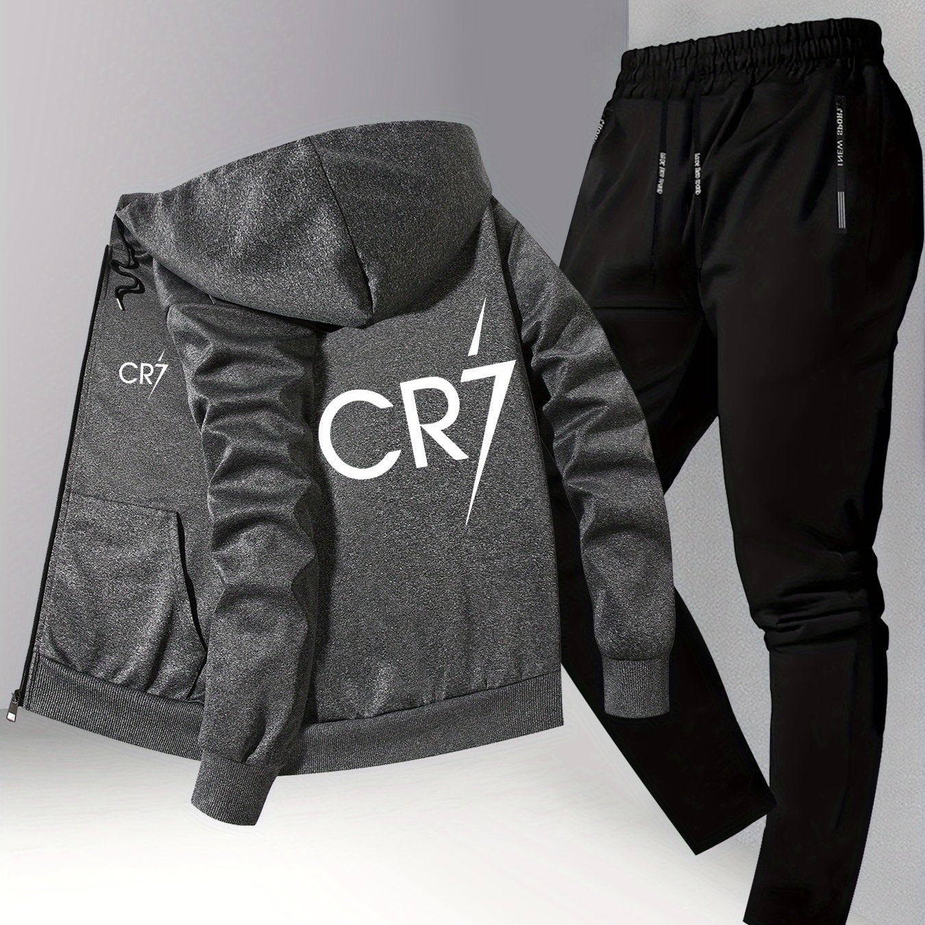 Men'S Trendy CR7 Print Hooded Jacket and Pants Set, Casual Business Suit, Youth Casual Sports Baseball Uniform with Stand Collar