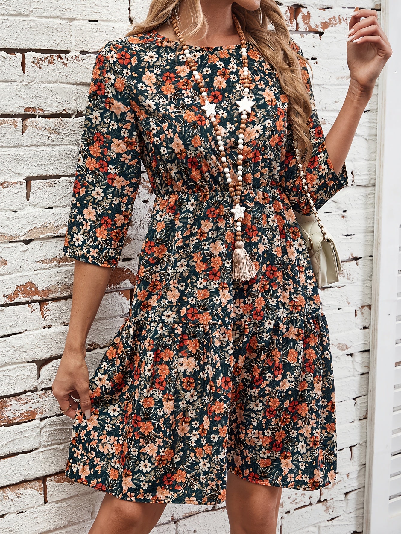 Elegant Floral Print Midi Dress for Women - Crew Neck, 3/4 Sleeve, A-Line with Ruffle Hem, Machine Washable - Perfect for Fall, for Autumn, Spring