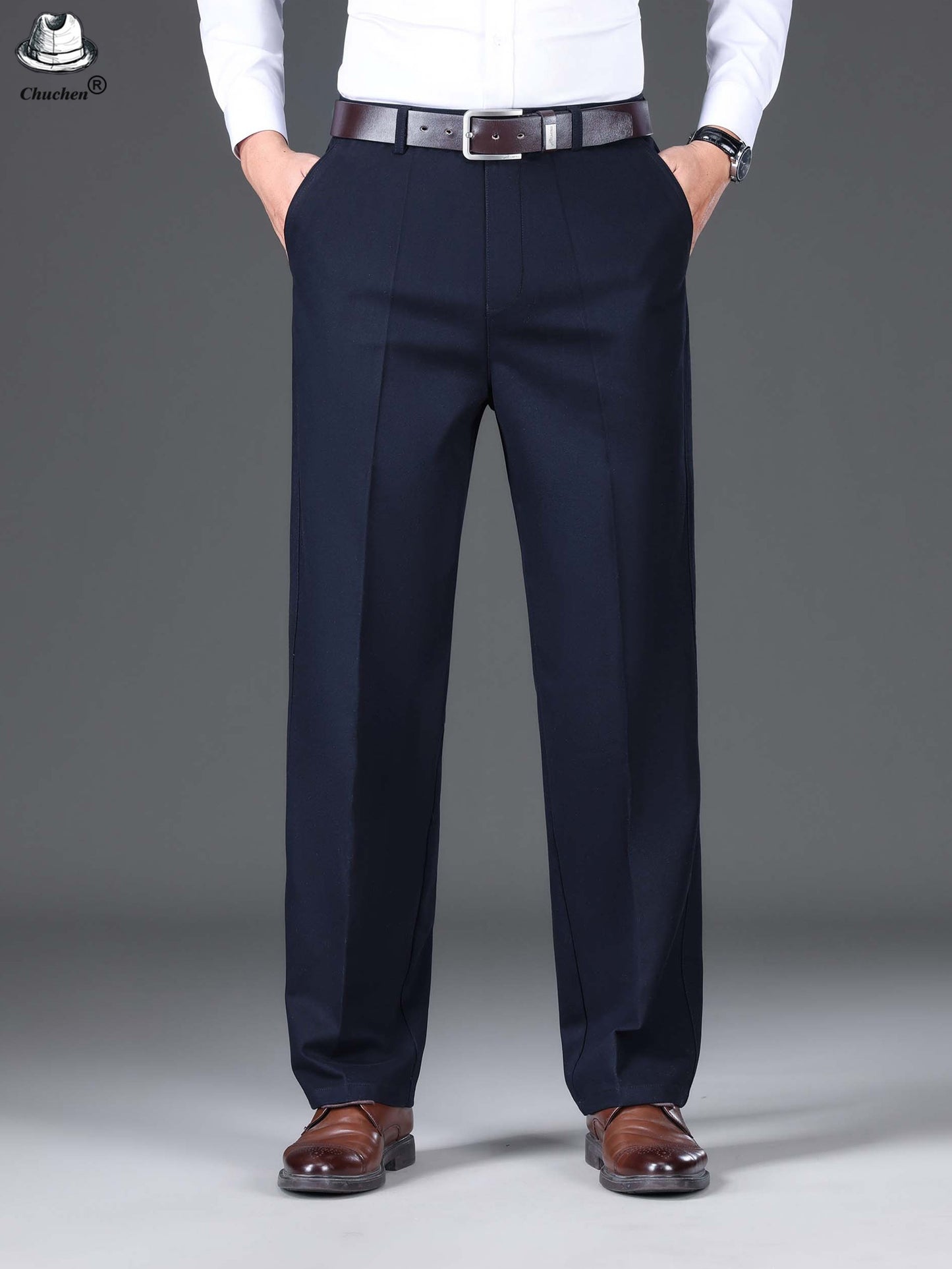 1pc Classic Fit Men'S Dress Pants - 100% Cotton, Solid Color, Non-Stretch, Regular Length, for Autumn/Winter - Business Casual Style