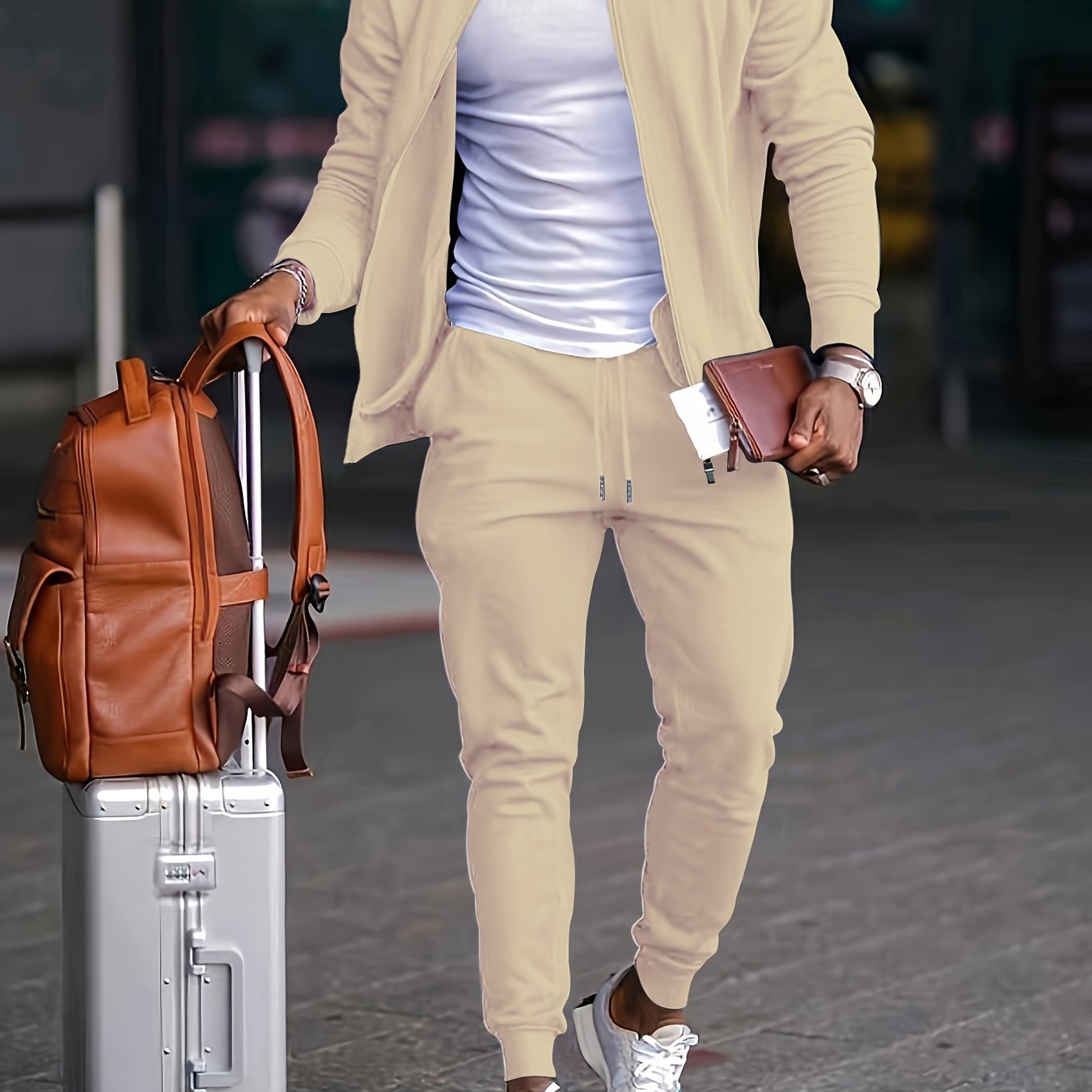 Men's Casual Fashion Suit Set - Polyester, Stand Collar Zip-Up Jacket & Drawstring Pants for Spring/Fall