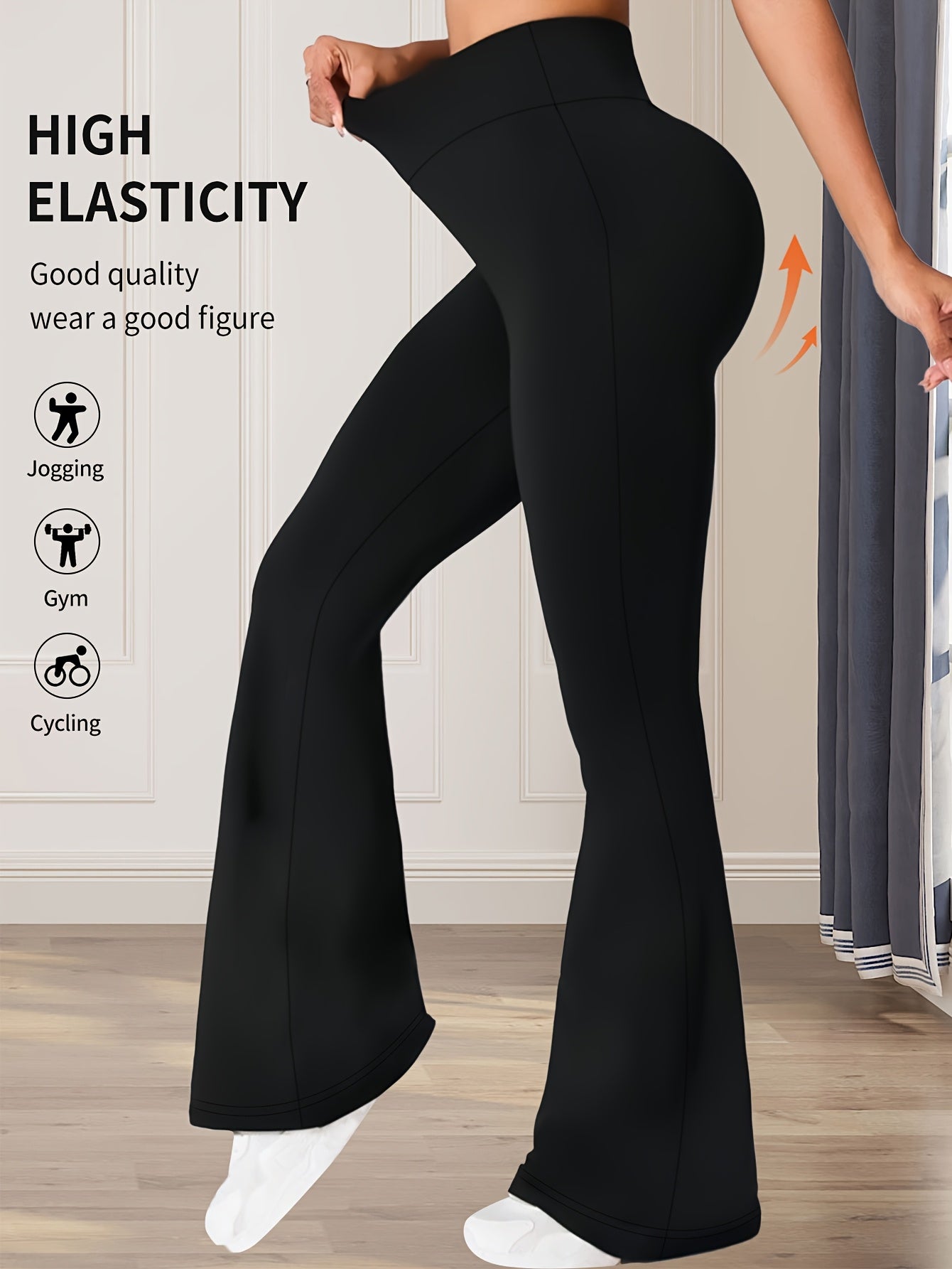 High-Waisted Flared Leggings for Women - Stretchy Black Polyester Pants with Tummy Control, Slimming Fit, and Breathable Design for Spring/Summer/Fall Casual Wear, Spring Summer Leggings | Fitted Leggings | Elastic Waistband