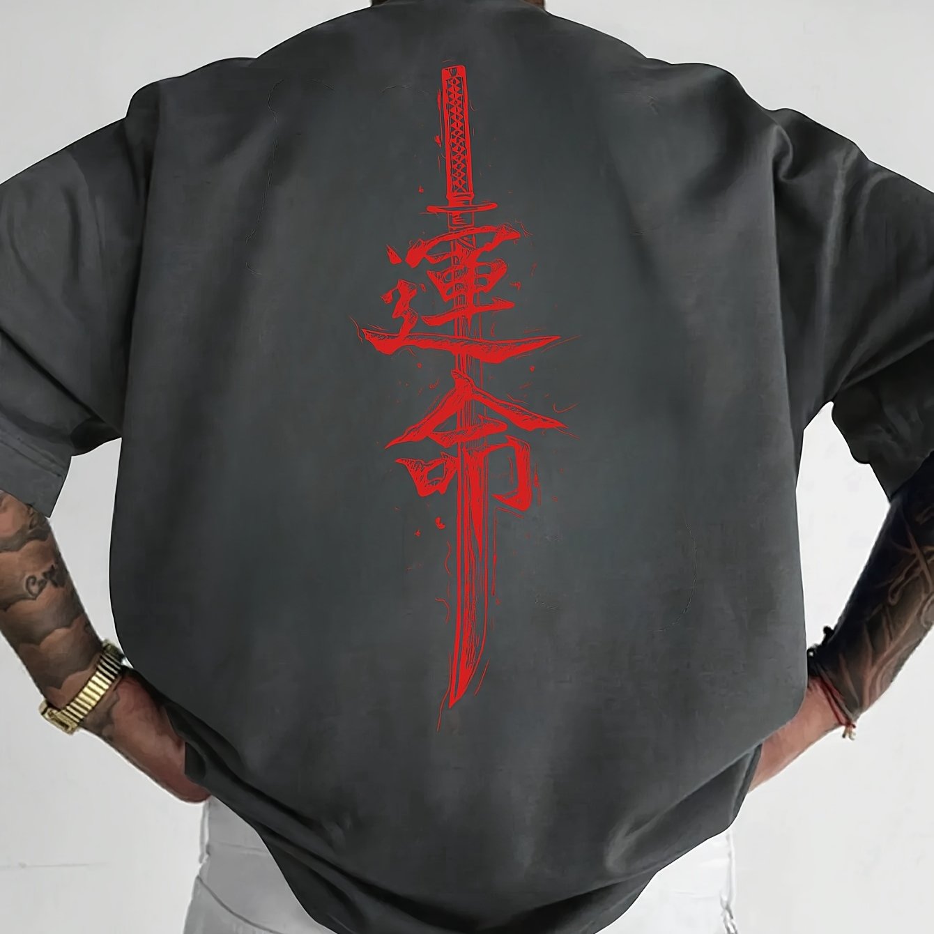 Men'S Japanese Samurai Sword Graphic T-Shirt - Casual Loose Fit Crew Neck, Short Sleeve Tee with Red Stylized Japanese Katanas Design, Breathable Polyester for Spring & Summer Outdoor Wear