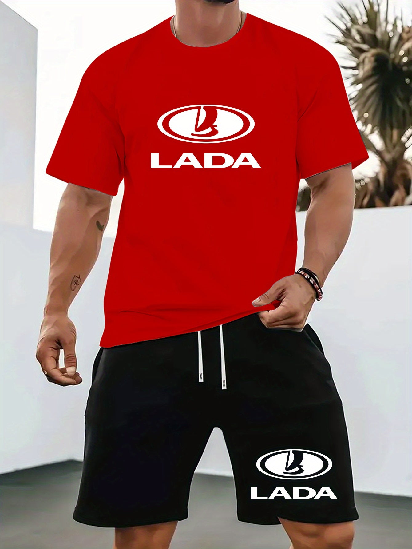 Men'S Summer Casual Sport Two-Piece Set - LADA Letter Pattern Print T-Shirt and Black Drawstring Shorts, Casual Sportswear, Regular Fit - Perfect for Summer Outdoor