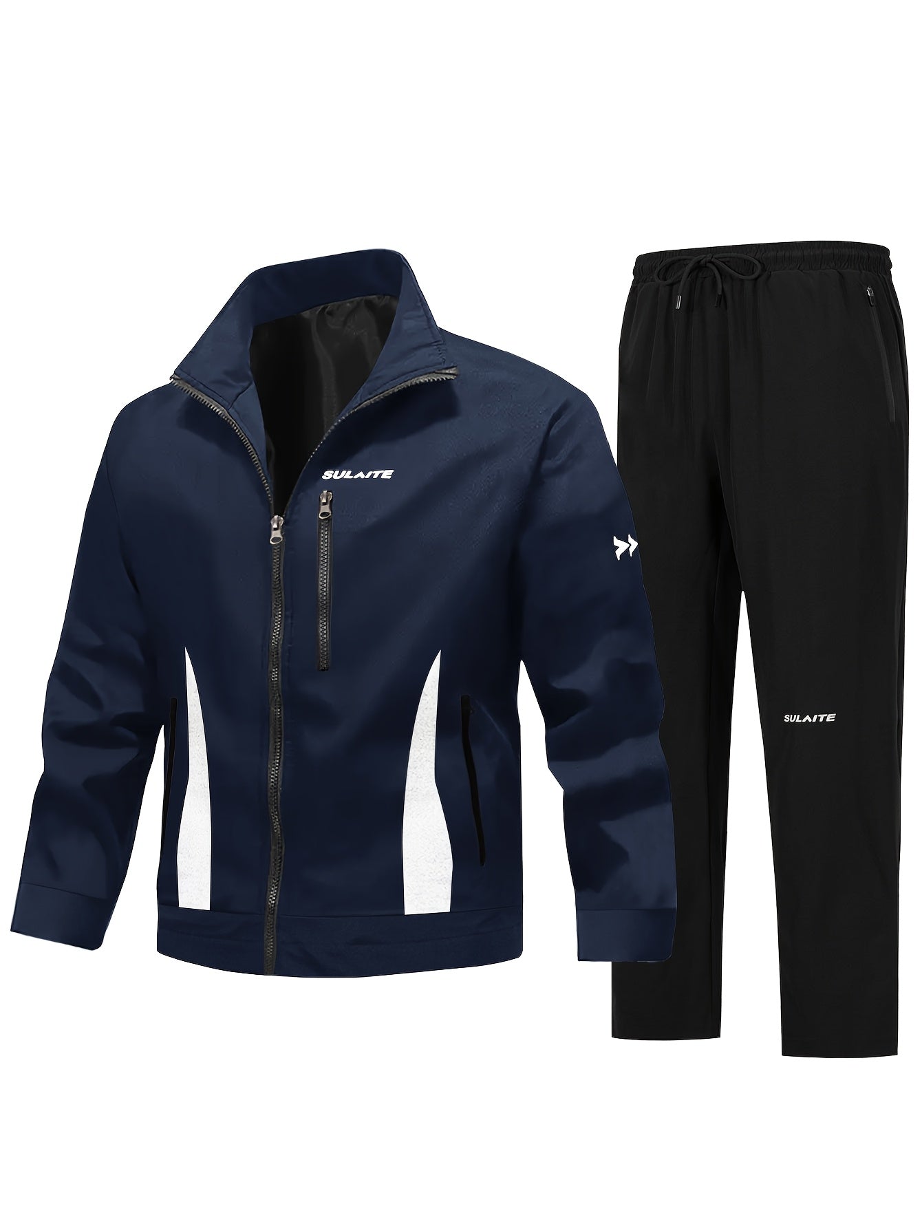 Men'S Casual Sportswear Set - Black Jacket with Zipper Pockets & White Accents, Matching Pants, Perfect for Spring & Fall, Sportswear Outfit|Zippered Jacket|Functional Pockets