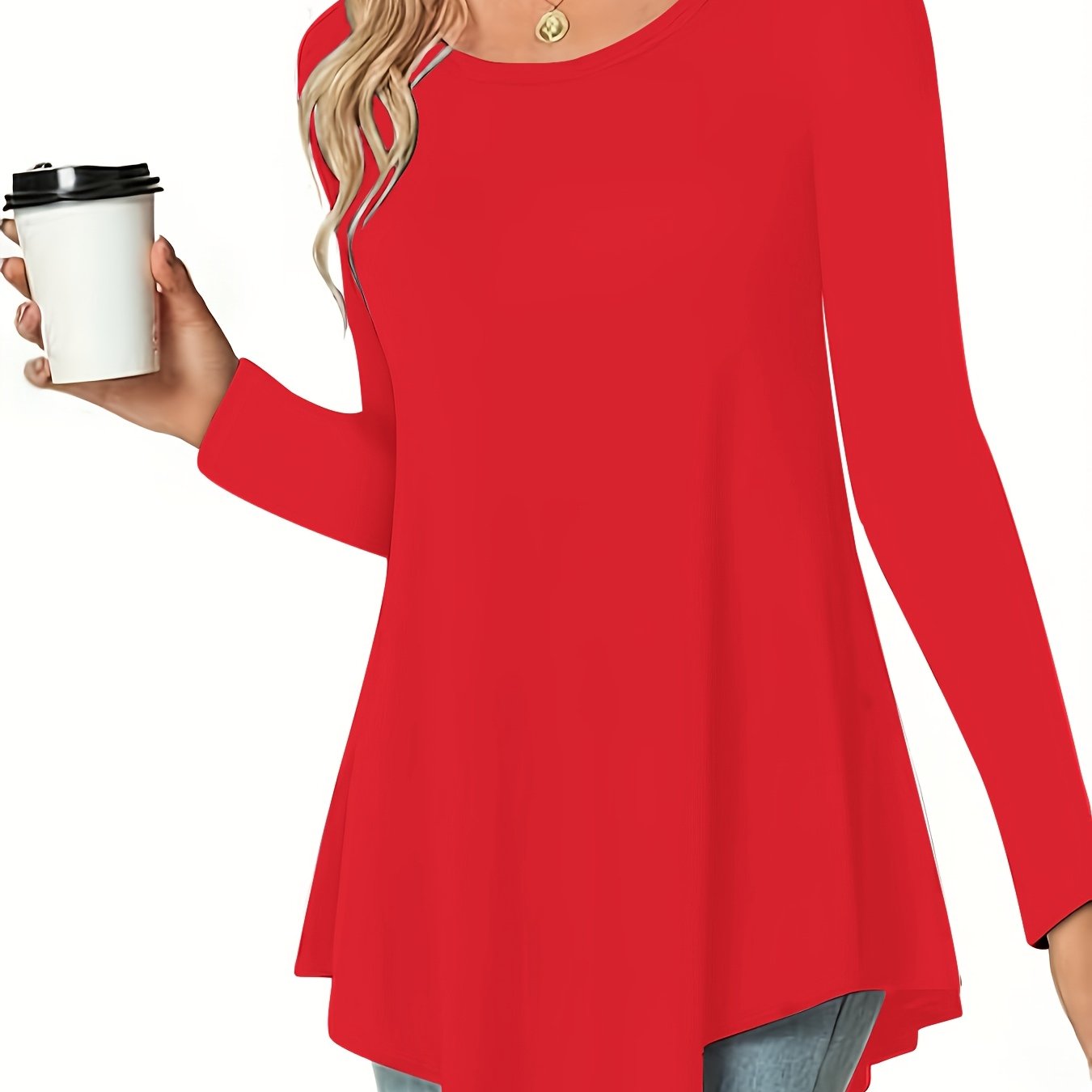 Women's Casual Long Sleeve Tunic Top, Polyester 95% Spandex 5% Knit Fabric, Solid Color Crew Neck Blouse for Spring/Summer/Fall, Spring Summer Blouse|Tunic Style|Solid Color Top