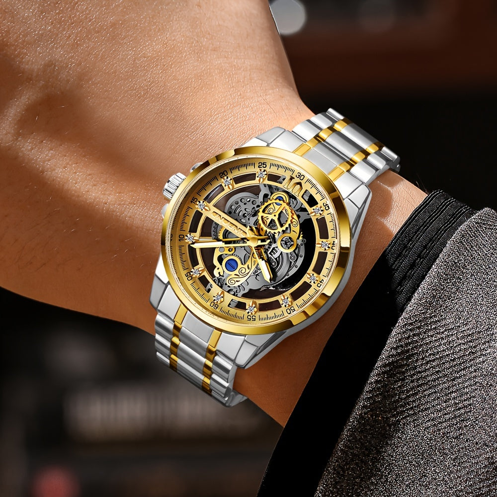 BINBOND Men's Sleek Golden-Tone Quartz Watch - Transparent Dual-Sided Hollow Design, Waterproof with Luminous Hands, Stainless Steel Band, Ideal Gift