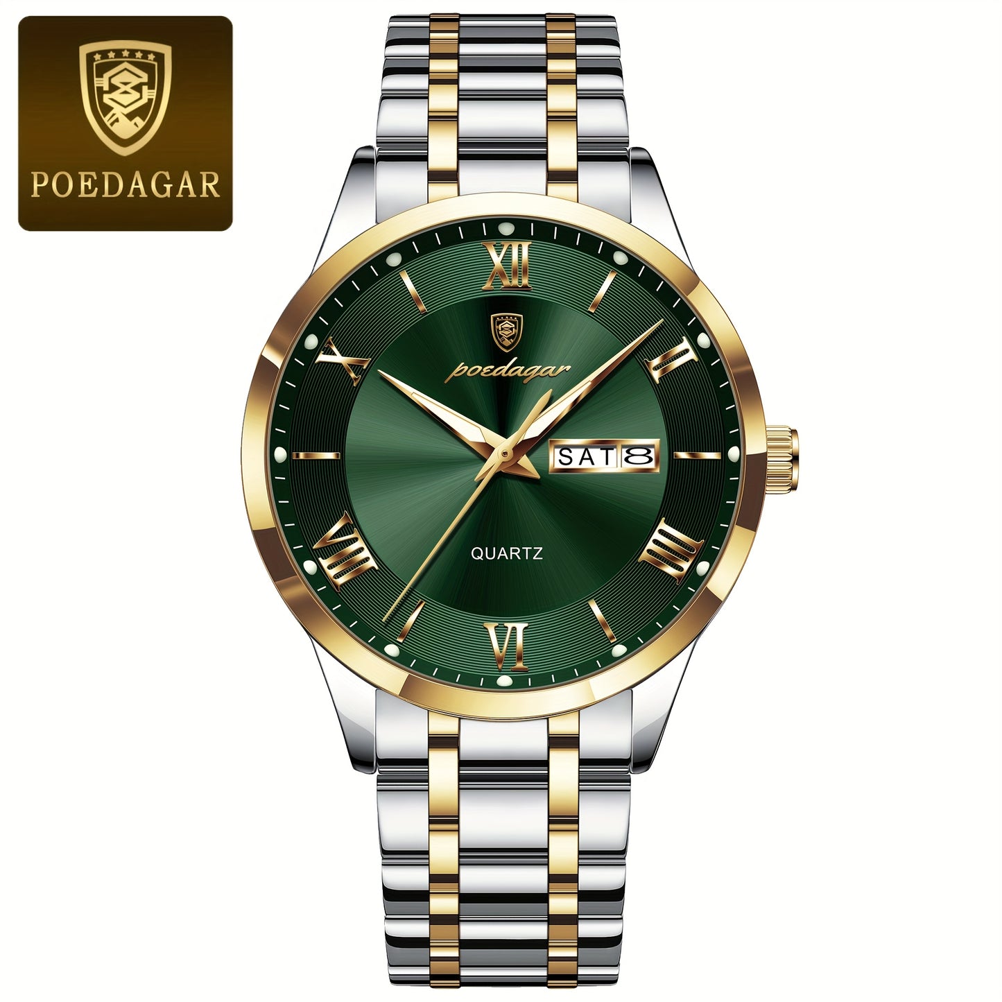 POEDAGAR Men'S Quartz Watch, Sports Style, Waterproof 3ATM, Luminous Calendar, Stainless Steel Strap, Pointer Display, Alloy Case, Electronic Drive, Non-Rechargeable Button Battery, with Spring Festival and Football Holiday T