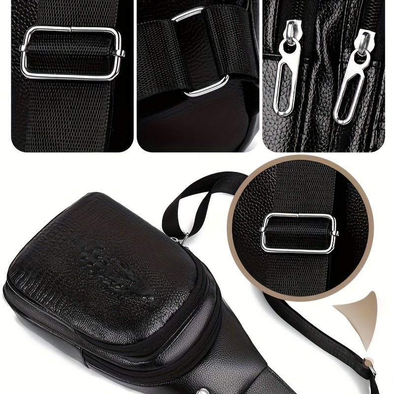 Men's Stylish Black PU Leather Sling Bag - Large Capacity Lightweight Crossbody Chest Pack with Embossed Design & External Earphone Hole for Casual Outings, Crossbody Bag