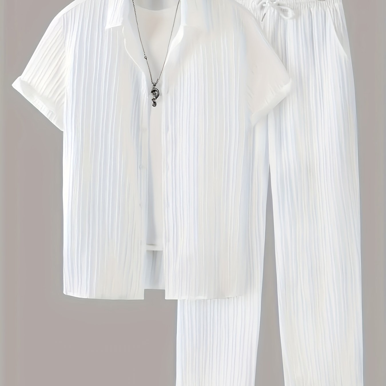 New Men's Short-Sleeved Cardigan Turnover Collar Shirt and Trousers Home Leisure Outerwear Set Men's Fashion Striped Style