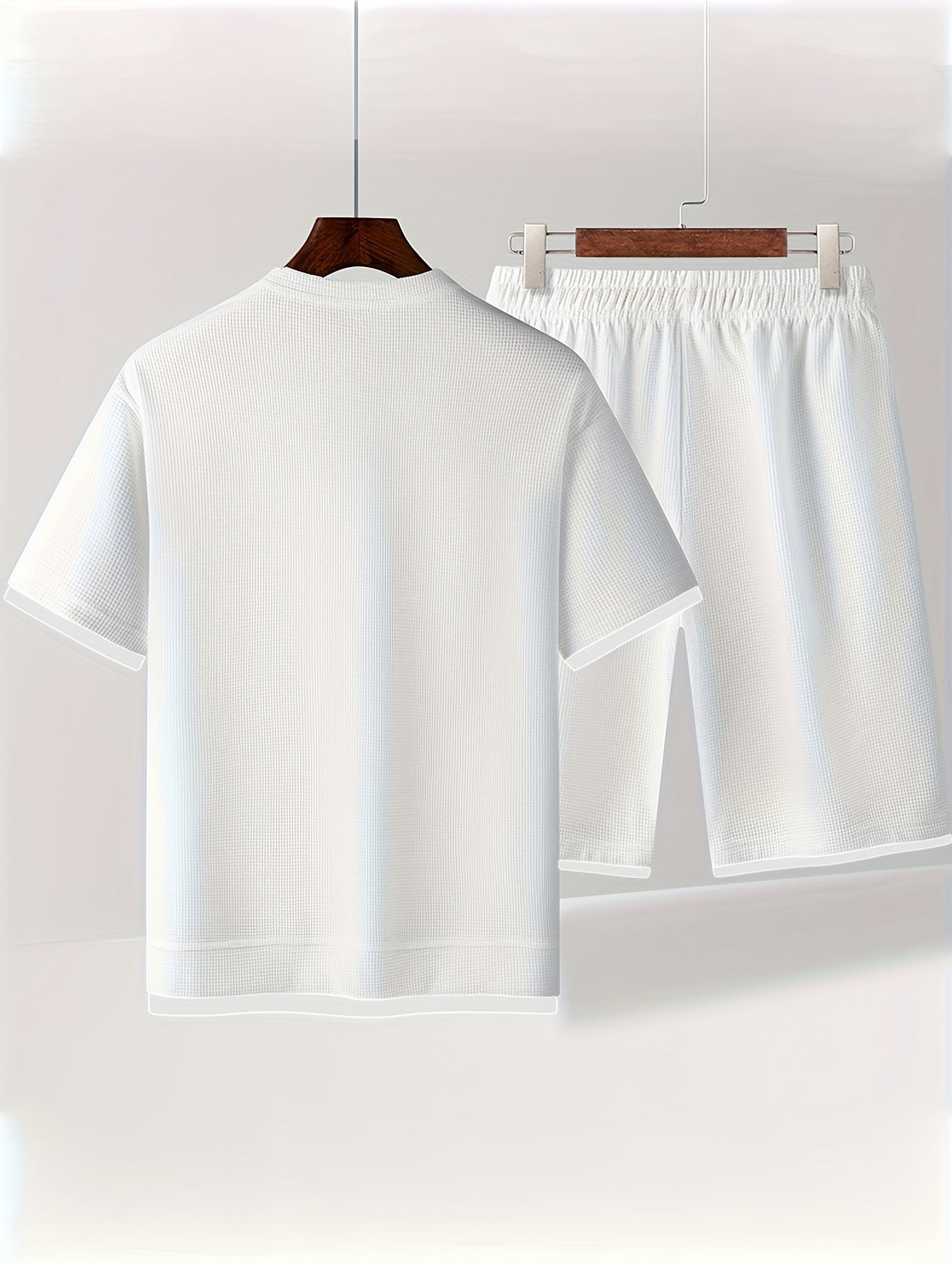 Waffle short-sleeved T-shirt Men's casual sports suit summer loose fake two-piece half-sleeve T-shirt set