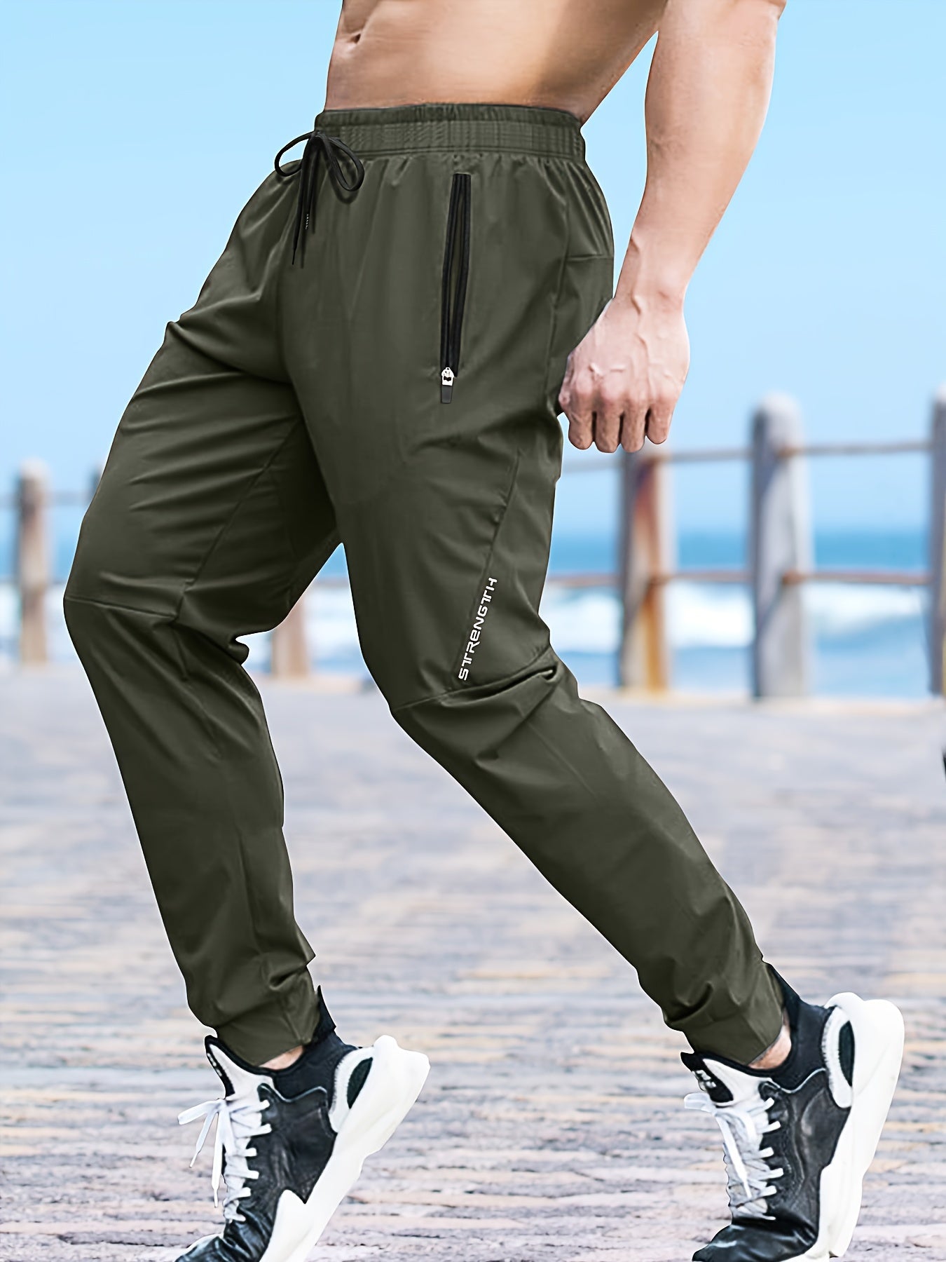 Men's Casual Athletic Pants - Stretch Polyester, Side Zipper Detail, Drawstring Waist, Green Joggers with Pockets for Sports & Leisure