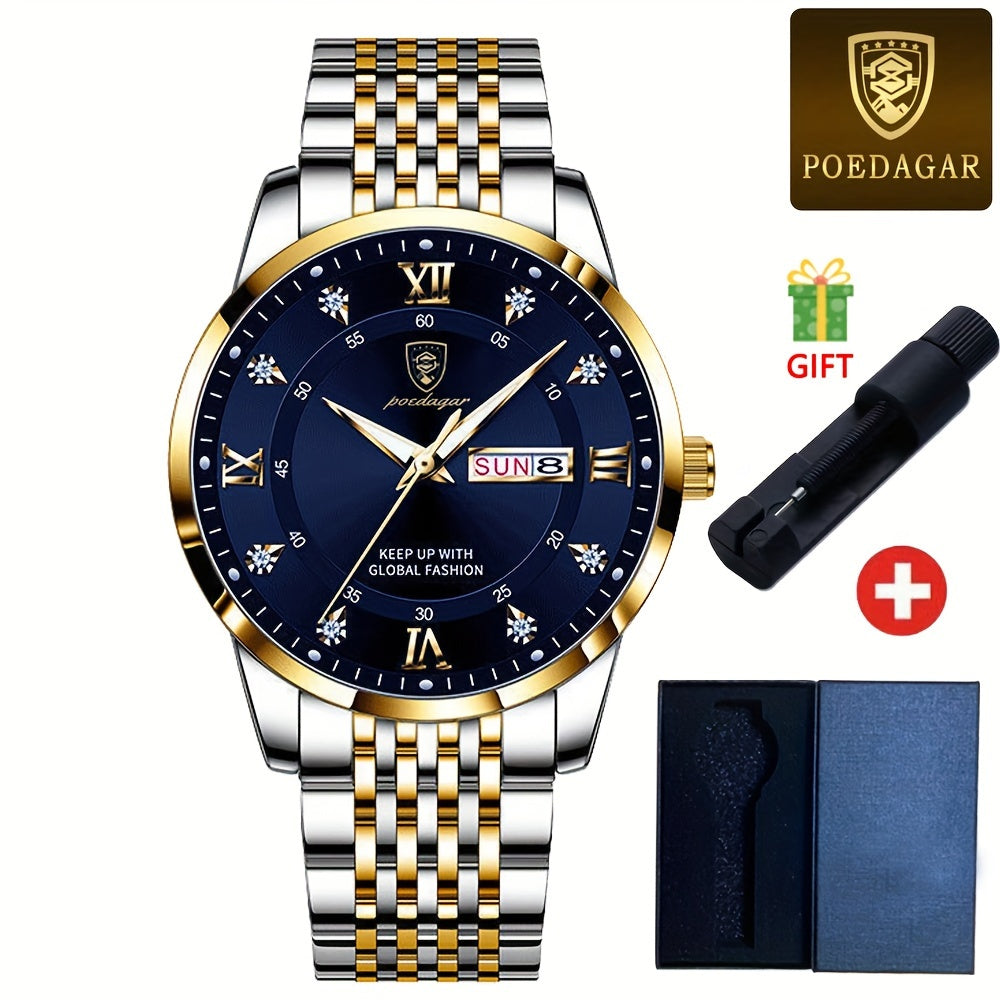 POEDAGAR Classic Men'S Stainless Steel Quartz Watch, IPX8 Luminous Weekly Calendar Watch for Men, Perfect Gift Option, Suitable for Women