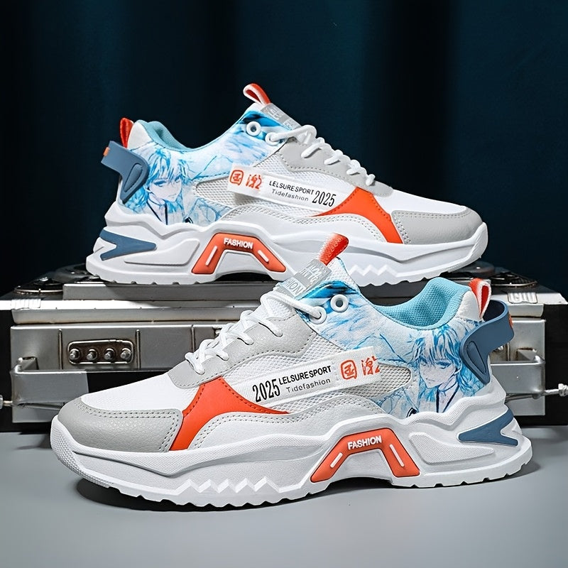Men's Stylish Platform Sneakers with Wave Pattern - Comfortable, Non-Slip & Durable for Outdoor, Campus Walks & Travel | Lace-Up, Breathable Design, for Autumn, Spring