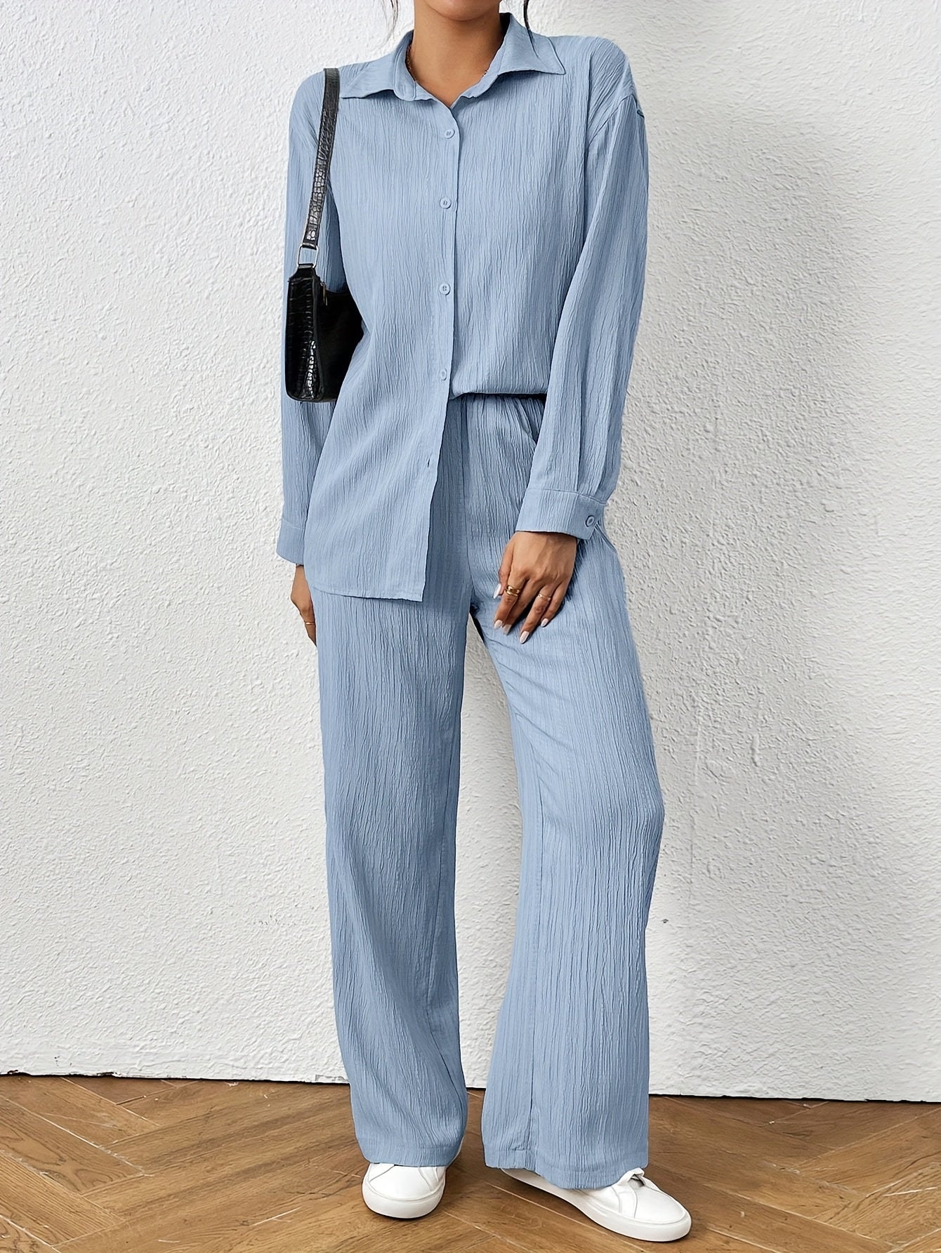 2pcs Women Spring & Autumn Casual Solid Color Long Sleeve Shirt And Pants Set