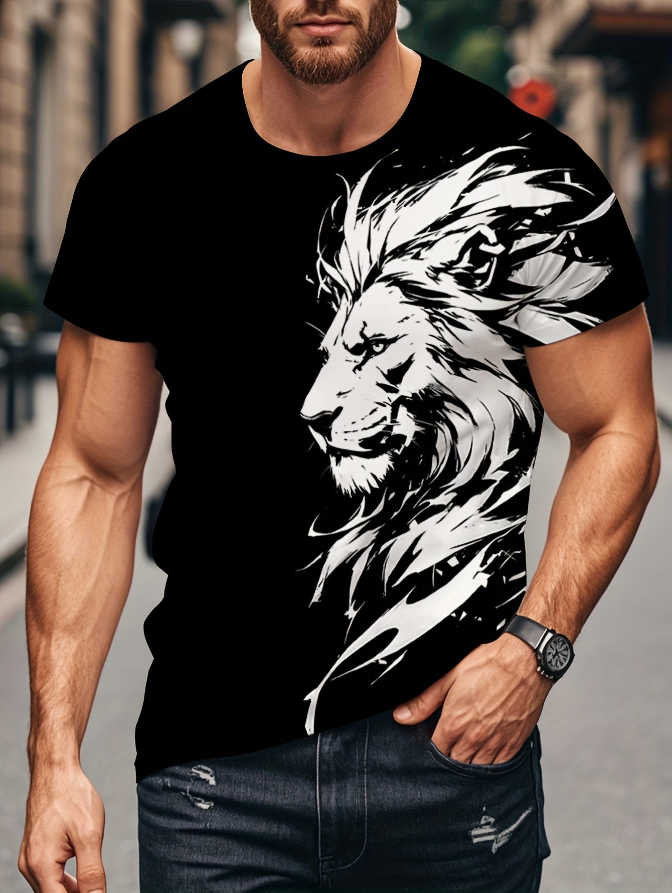New Lion 3D Print Pattern, Casual Short Sleeve Round Neck T-Shirt, Outdoor Men's Clothing