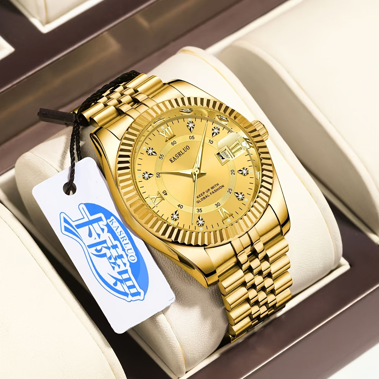 KASRLUO Elegant Men's Quartz Watch - Luminous Date Display, Golden-Tone Stainless Steel Band, Business Style with Rhinestone Detailing, Battery Operated