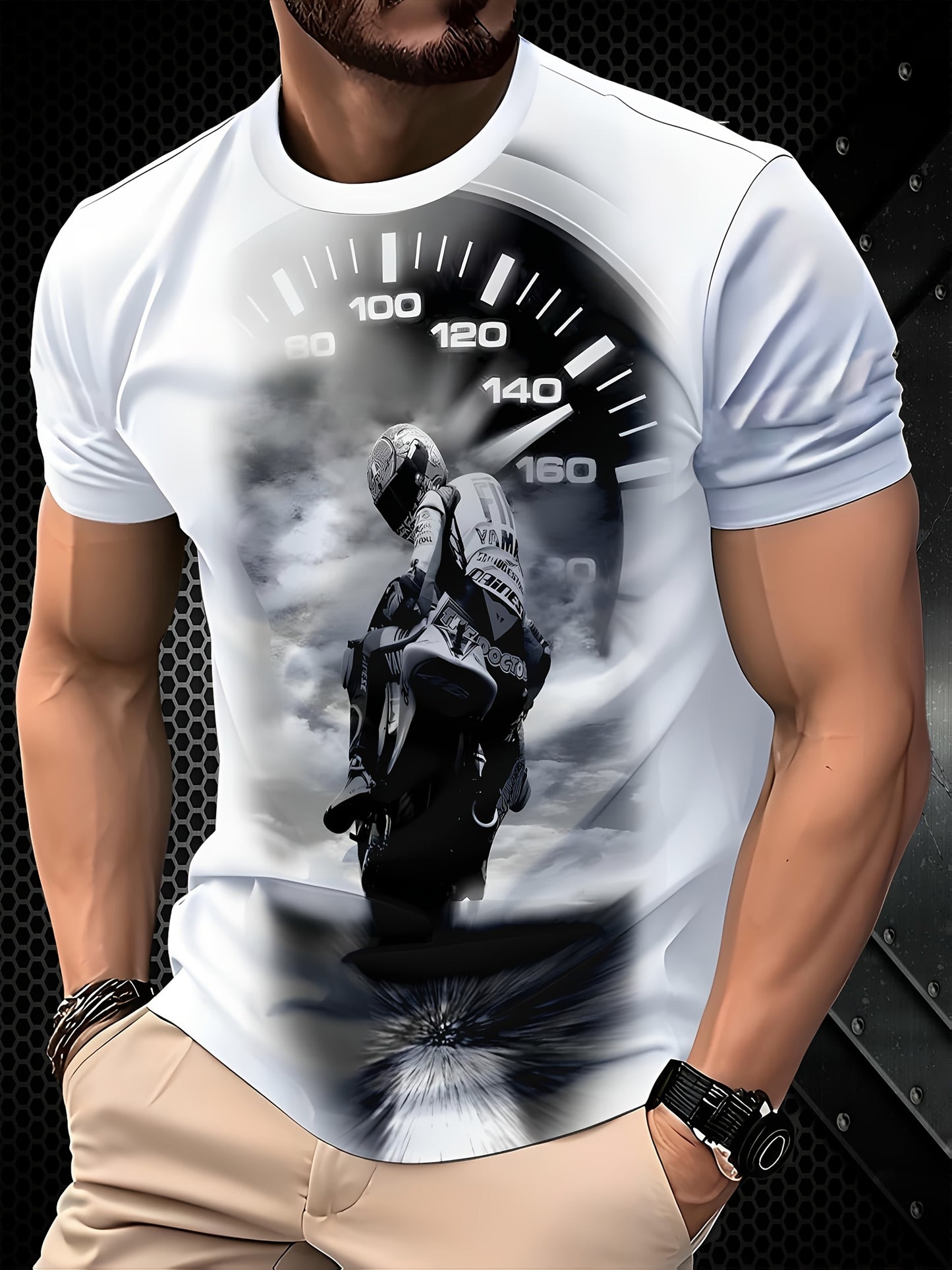 Men'S Motorcycle Graphic T-Shirt - Casual Crew Neck Short Sleeve Tee with Throttle Gauge Design, Breathable Summer Sportswear for Adults, Motorcycle Enthusiast Gear | Stylish Motorcycle Print | Comfortable Fit