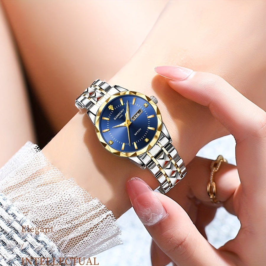 1pc BANBONY Women's Stainless Steel Quartz Watch with Rhinestone Accents, Scratch-Resistant Luminous Dial, IPX7 Waterproof, Week Calendar Display, Blue Dial & Golden-Tone Case - Luxury Casual Sports Watch for Birthdays, Holid