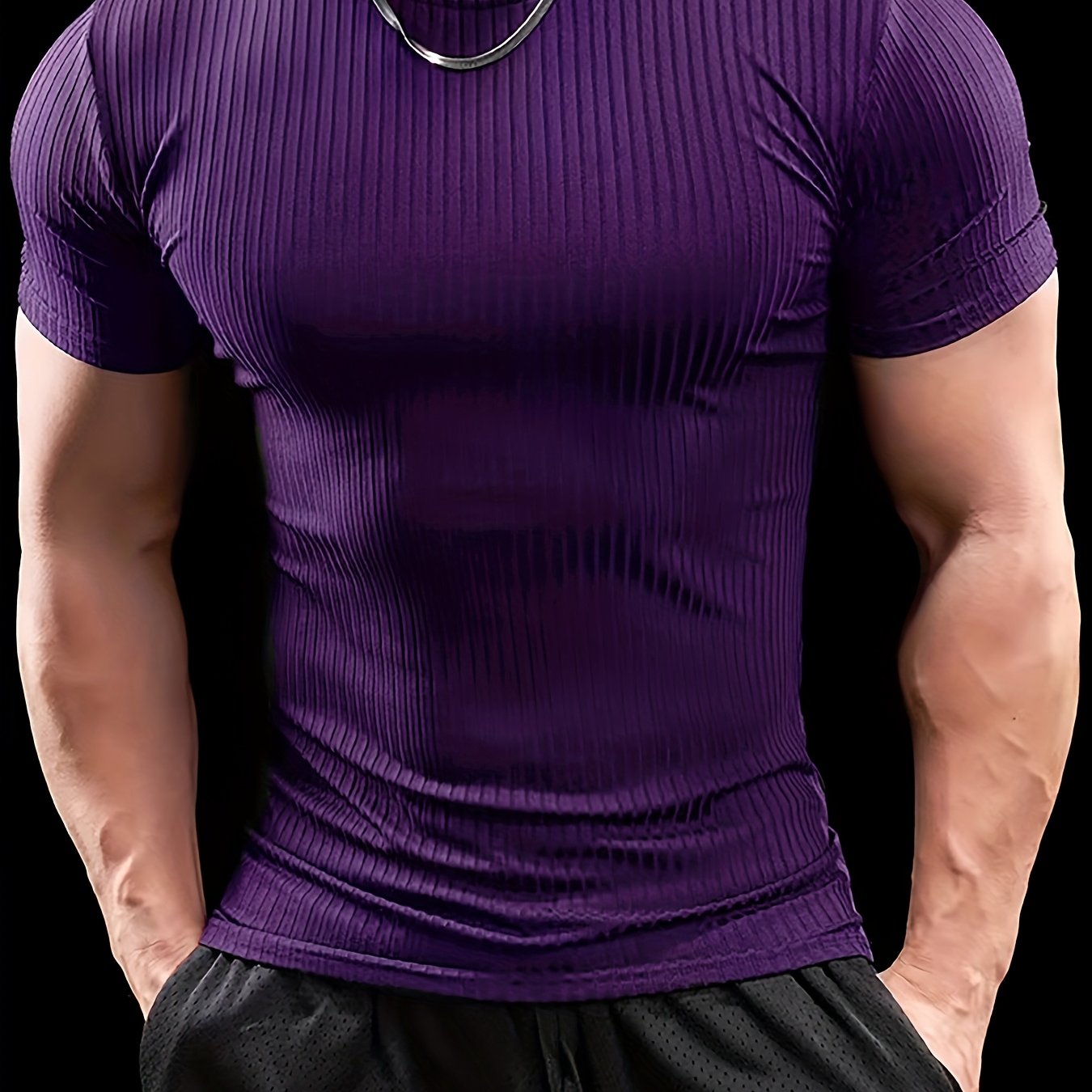 Men's Stretch Fit Short Sleeve T-Shirt - Breathable, Comfortable Polyester Blend, Solid Blue, Crew Neck, Casual & Sporty Style for Spring/Summer