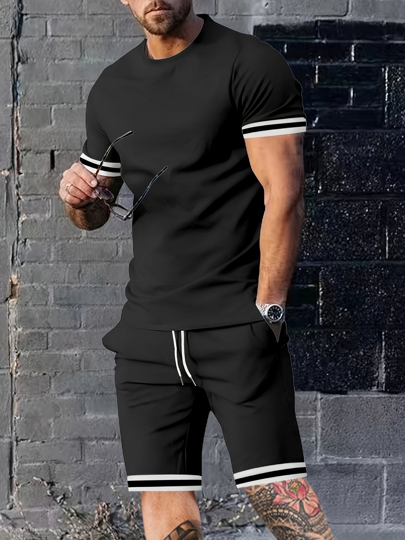2025 New Casual Men's Set Round Neck Short Sleeve T-Shirt Summer Drawstring Shorts Solid Color Men's Suit