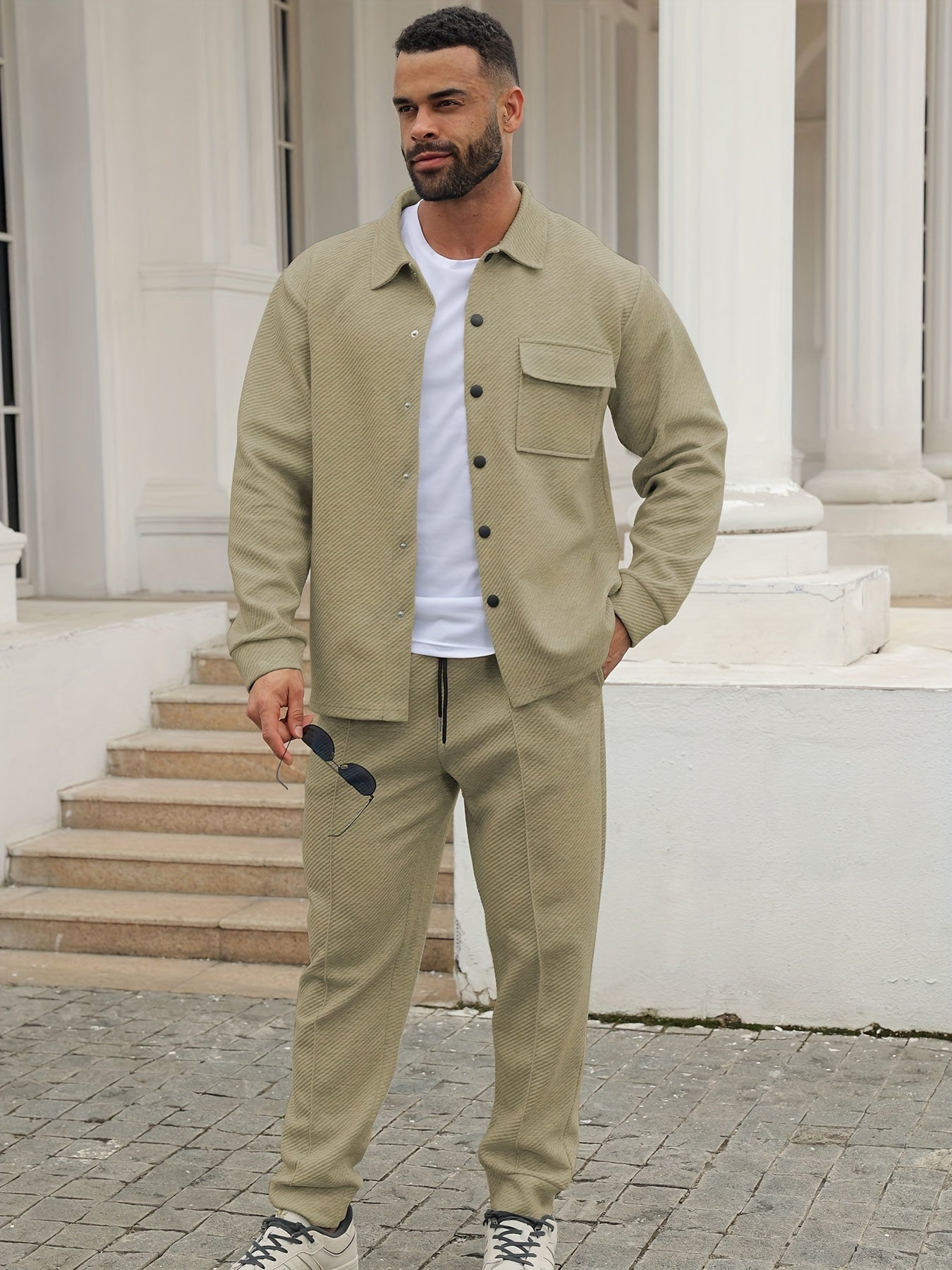 Men's Casual Sportswear Set - Long Sleeve Button-Up Shirt & Joggers, Stretch Fabric, Spring/Fall Collection