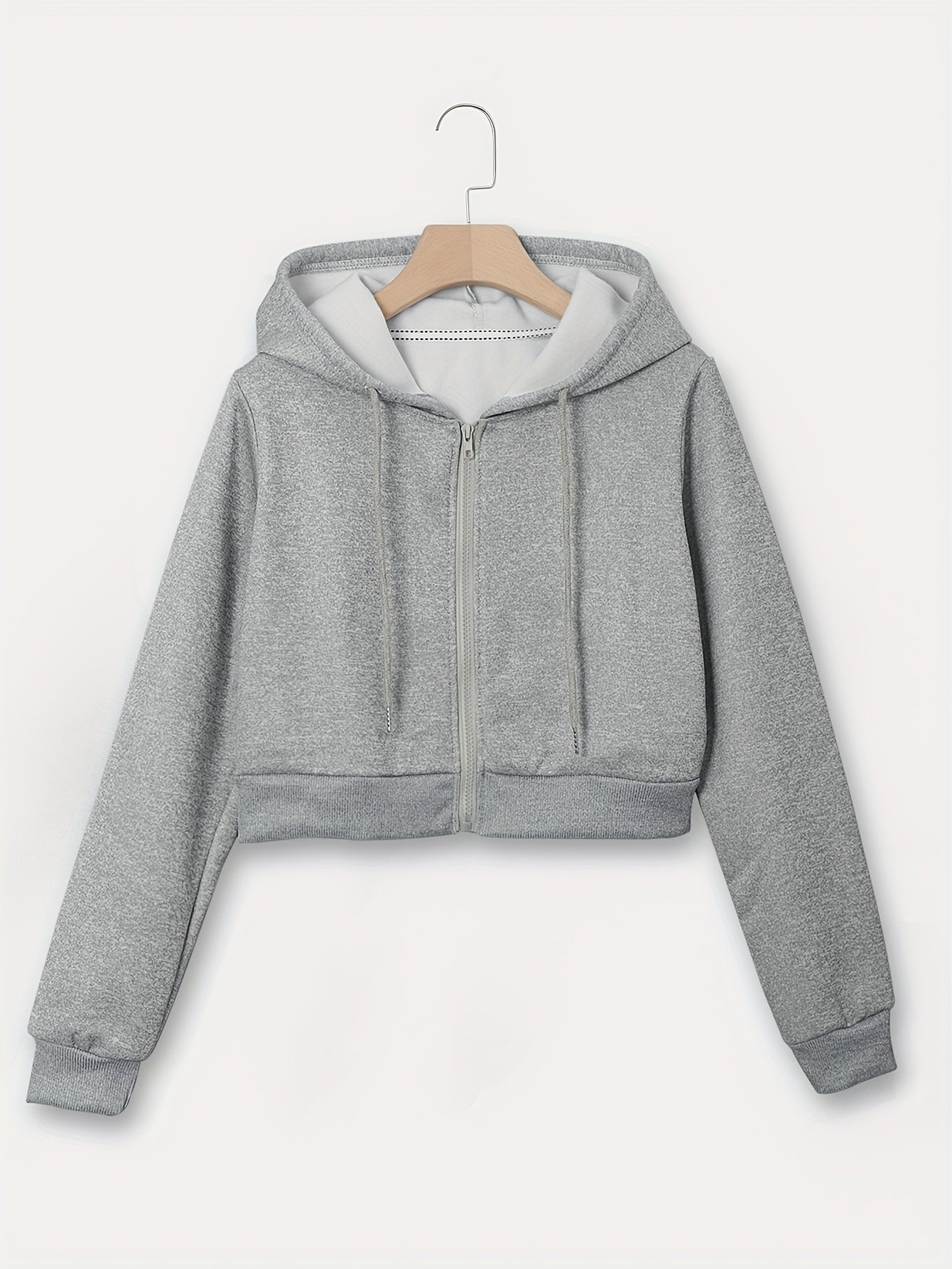 Zip Up Cropped Drawstring Hoodie, Casual Long Sleeve Sweatshirt For Spring & Fall, Women's Clothing