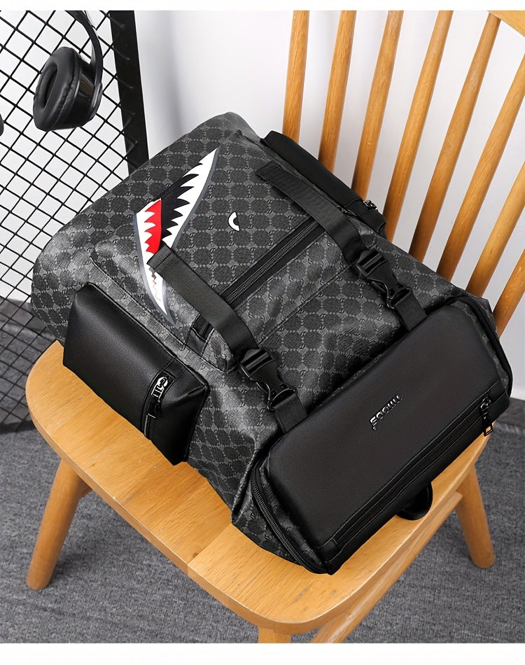 Men'S Stylish Black Backpack with Shark Graphic - Lightweight, Large Capacity, Multi-Functional Shoulder Bag for Travel, Commuting, School - Durable PVC Material, Sports & Fitness Design, Backpack for Travel