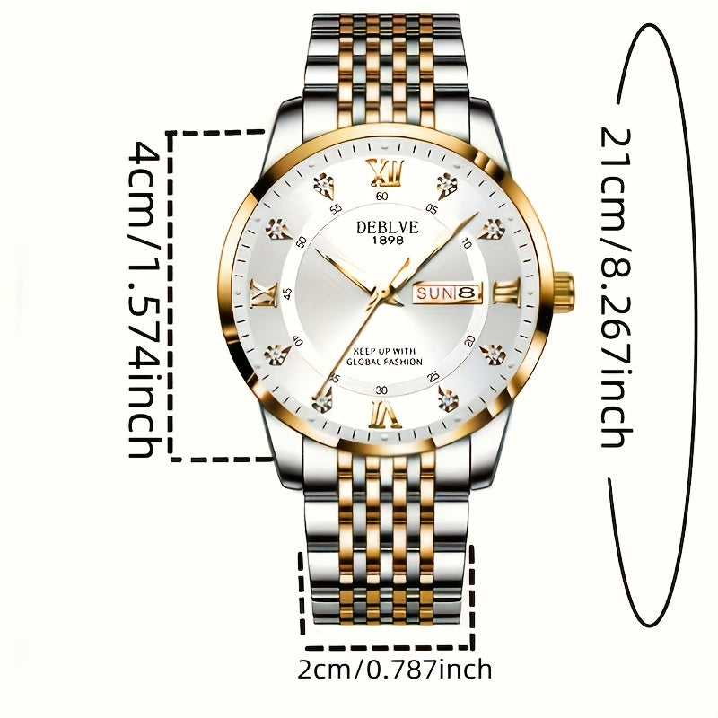 1pc Men'S Business Style Roman Dial Quartz Watch with Luminous Date and Day Display, Stainless Steel Alloy Strap, IPX7 Waterproof, Battery Operated, Elegant Fashion Accessory + Box