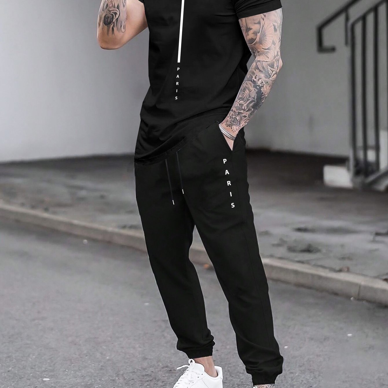 1set Men'S Casual Sportswear Set, Geometric Pattern Short Sleeve T-Shirt and Drawstring Joggers, Knitted Polyester and Elastane Blend, Round Neck, Regular Fit, Four Seasons Outfit
