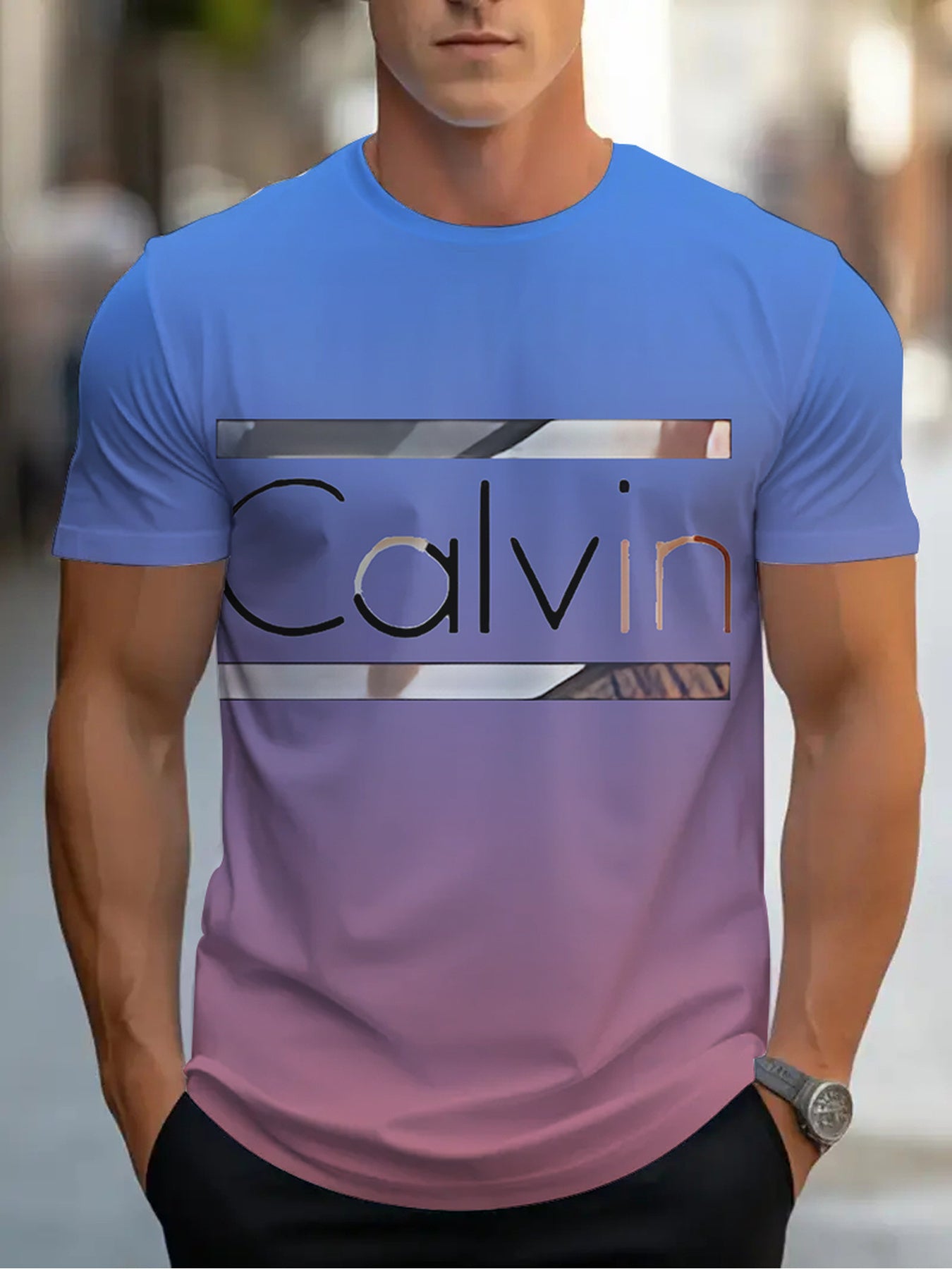 Men'S "Calvin" Graphic T-Shirt - Casual 3D Print Letter Tee with Geometric Design, Short Sleeve, Round Neck, Light Blue, Perfect for Summer, Everyday & Sportswear, Casual Wear Tee | Modern Casualwear | Comfortable Fit