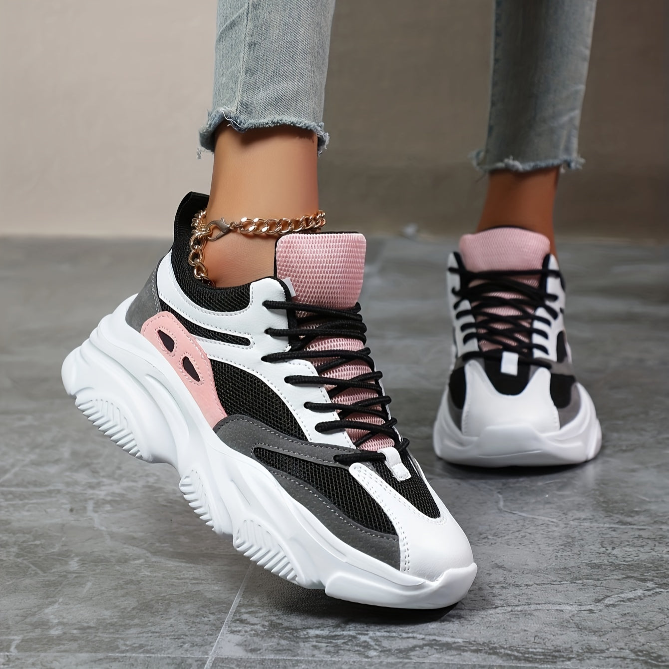 Thick Sole Shock Absorption Chunky Sneakers, Mesh Breathable Lightweight Lace Up Running Shoes, Low Cut Wear Resistance Sport Shoes
