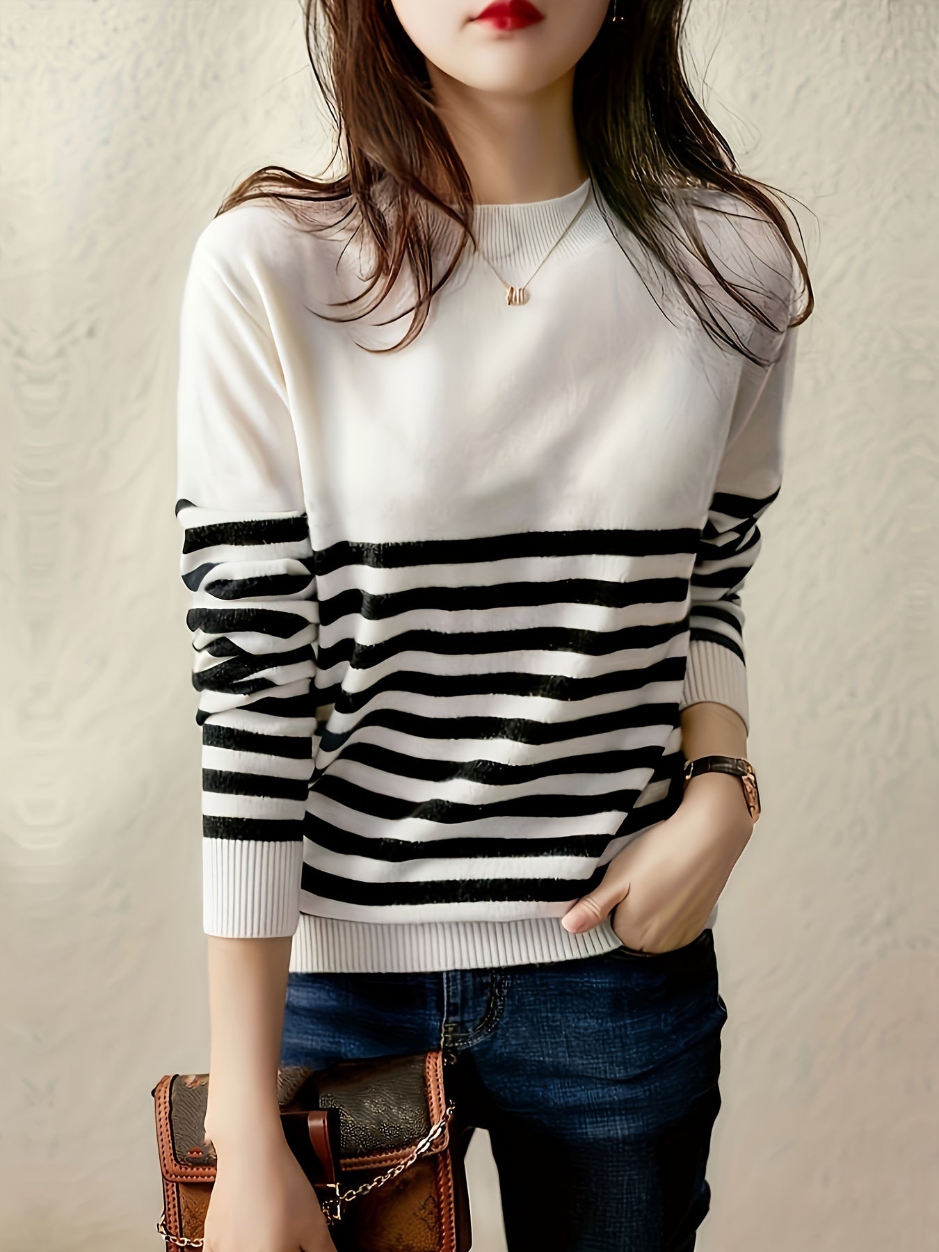 Striped Crew Neck Pullover Sweater, Casual Long Sleeve Versatile Sweater, Women's Clothing