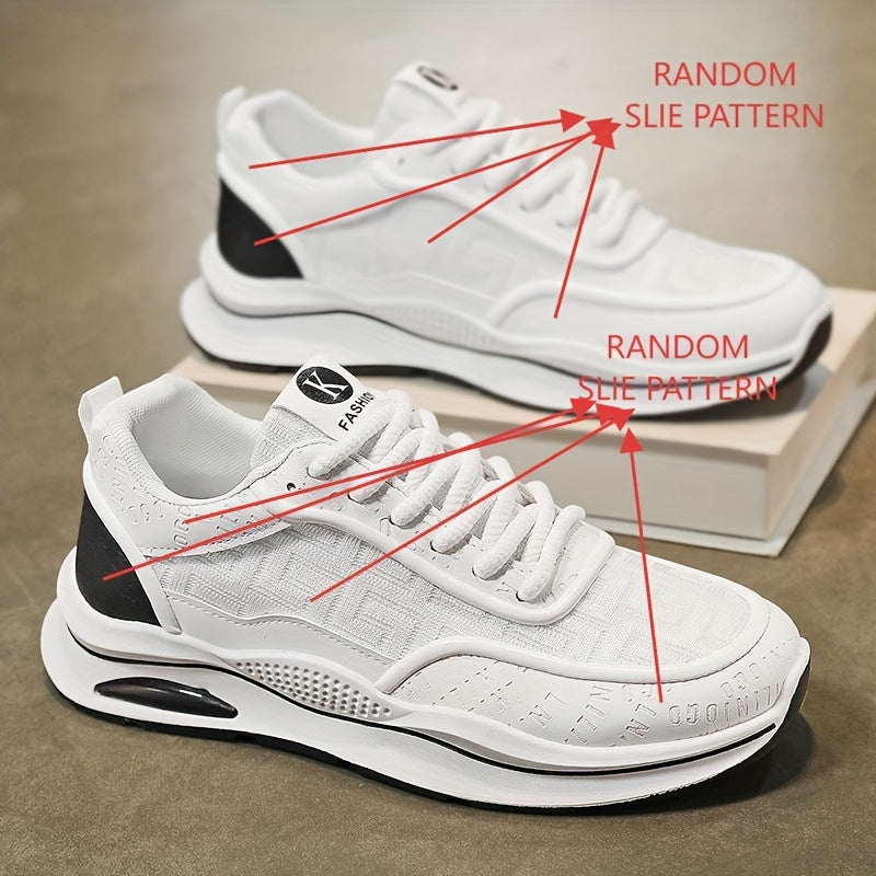 Men's Lightweight Breathable Low-Top Sneakers - PU Upper & PVC Sole, White/Navy/Red Accents, Lace-Up Round Toe for Casual, Outdoor, Running & Gym - All-Season Comfort Shoes, Casual Footwear, Geometric Pattern, Comfortable Fit