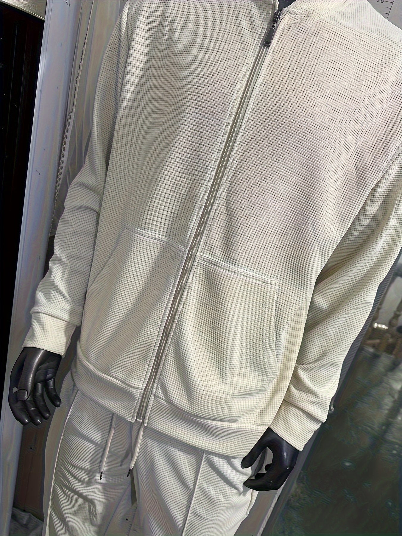 Baseball Collar Jacket and Pants Set in Waffle Fabric