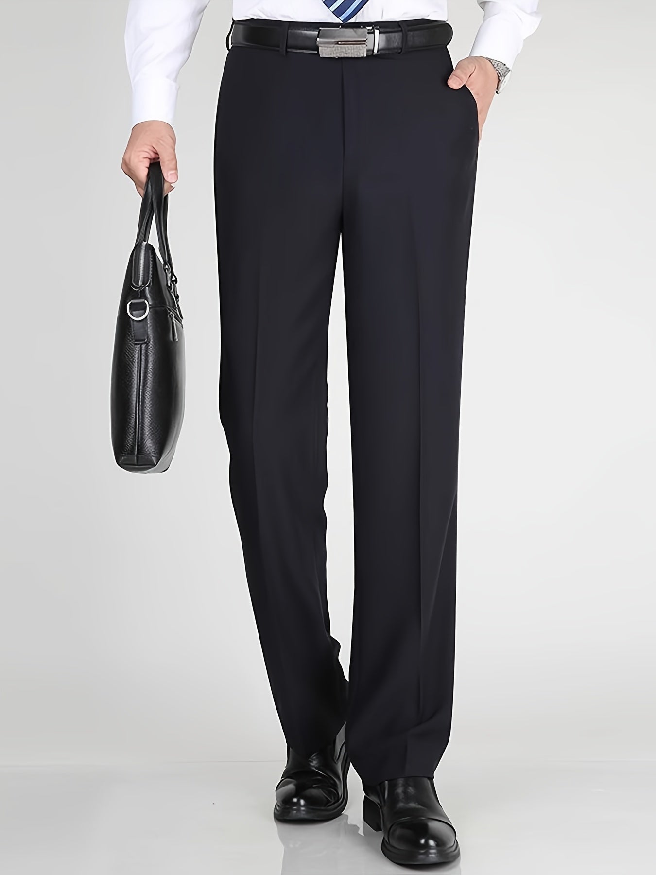 Men's Classic Straight Fit Pants - Lightweight Polyester Blend, High Waist, Button Closure, Suitable for Year-Round Wear
