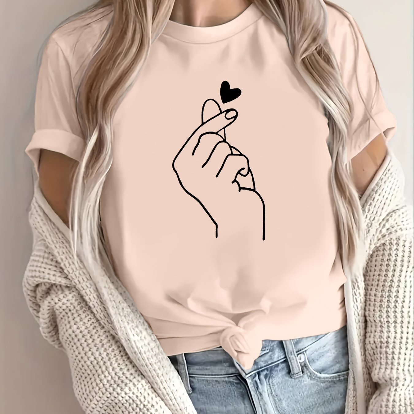 Finger Heart Print T-Shirt, Short Sleeve Crew Neck Casual Top For Summer & Spring, Women's Clothing