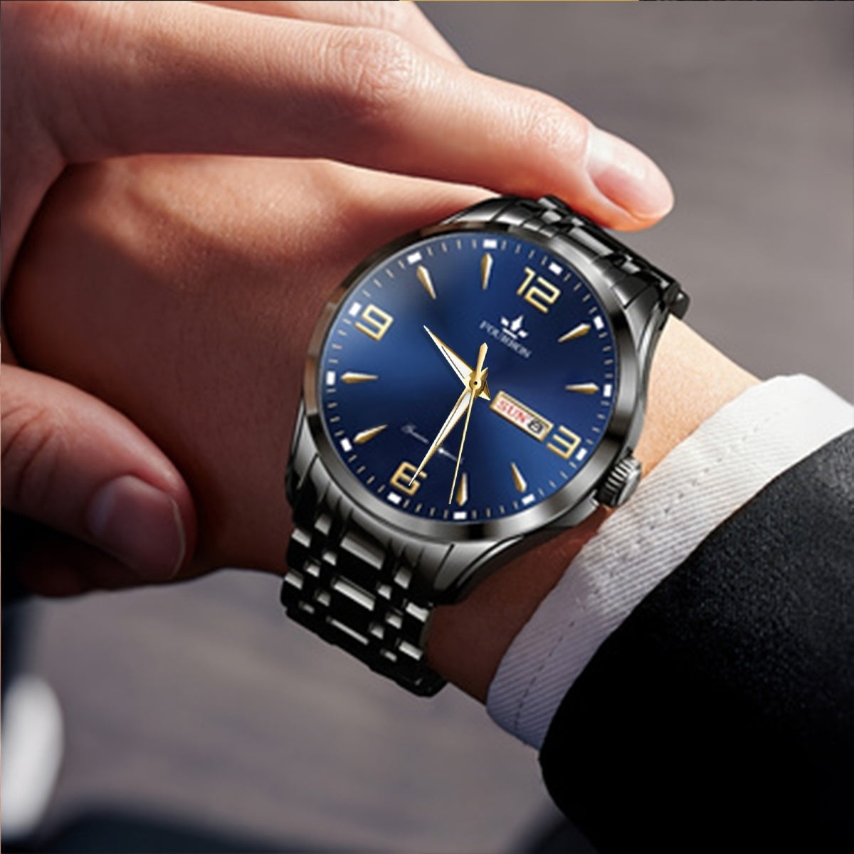 1pc New FOURRON Men's Stainless Steel Strap Quartz Watch - Large HD Scratch Resistant and Wear-Resistant Dial, IPX7 Waterproof, Luminous, Date & Calendar Function, Silent Movement, Stylish Gift for Him