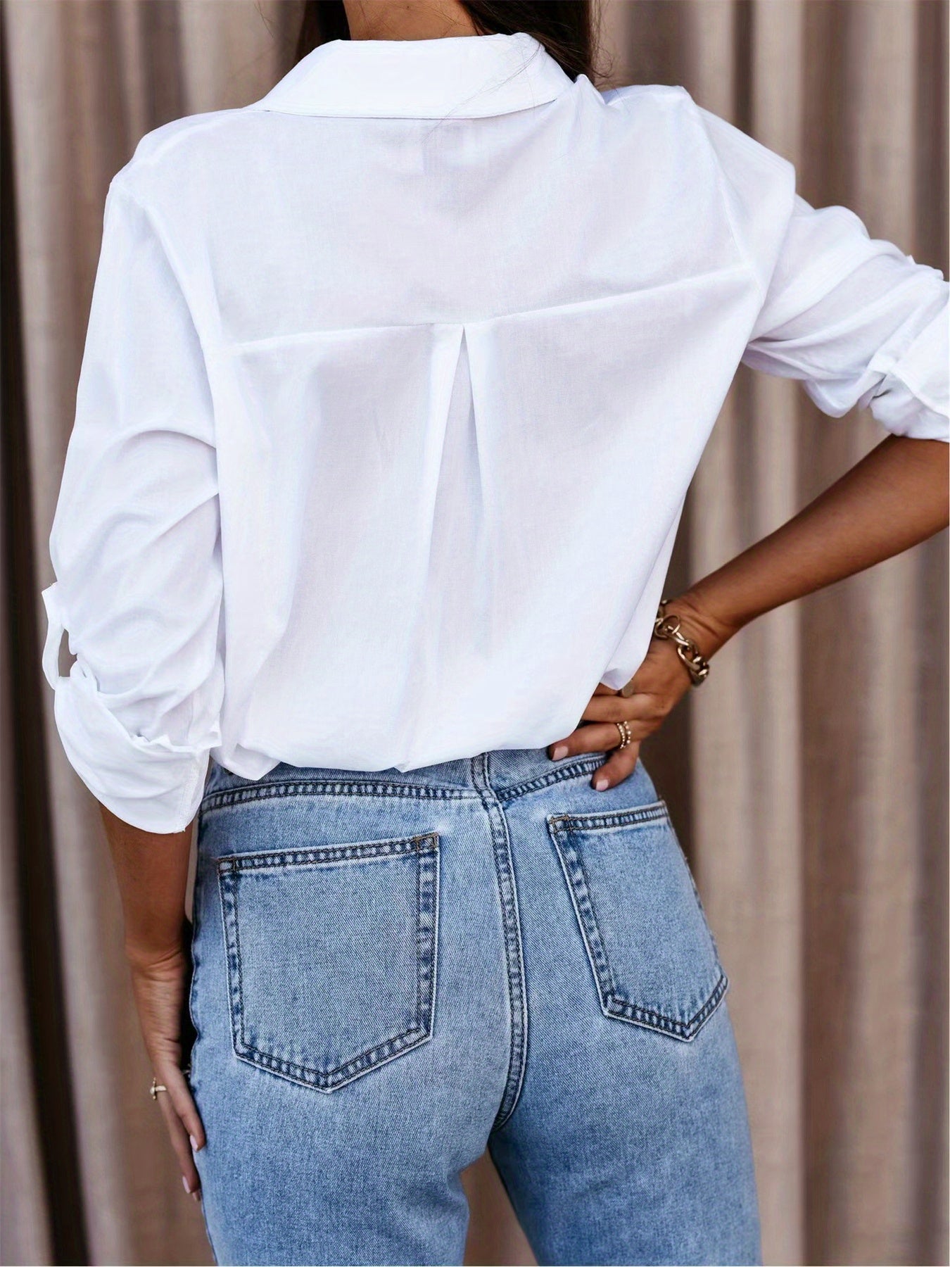 Solid Rollable Sleeve Shirt, Casual Button Front Work Office Shirt With A Collar, Women's Clothing