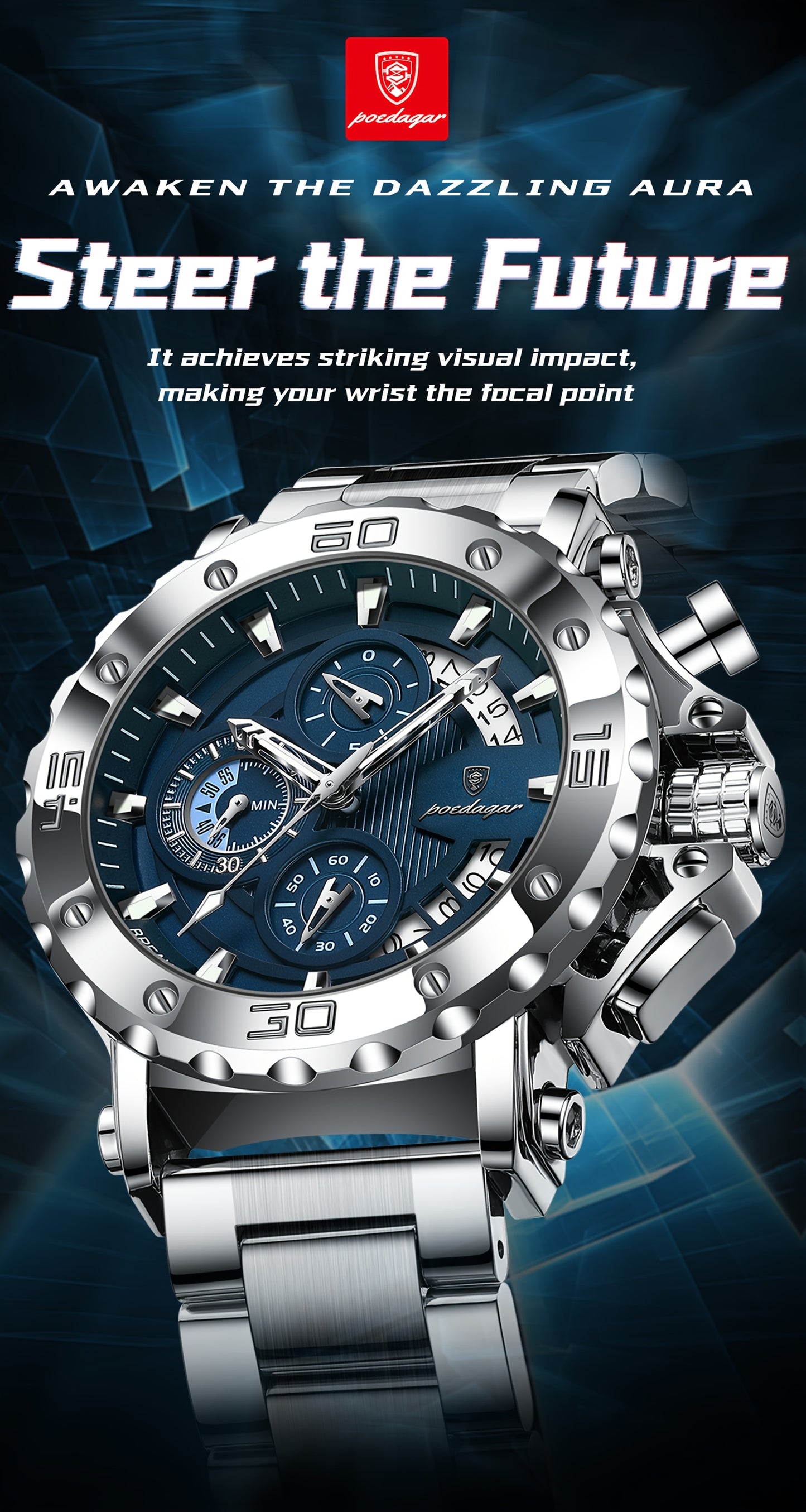 POEDAGAR Men'S Luxury Stainless Steel Business Watch with Date Display, 3ATM Blue Dial, Rotating Bezel, Alloy Case, Quartz Movement - Elegant Formal Accessory, Formal Accessory|Luxurious Watch|Quartz Movement Watch