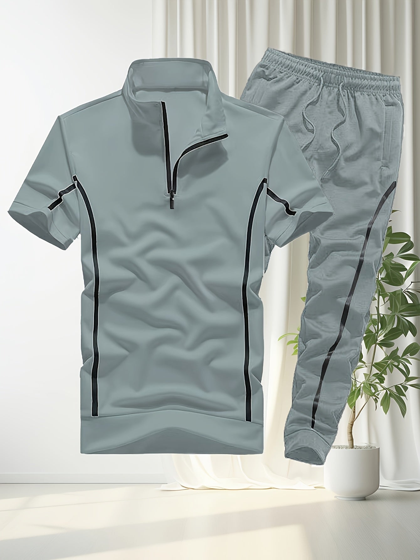 Men'S Casual Summer Two-Piece Set - Loose Fit Short Sleeve Zipper Polo Shirt & Joggers with Side Stripes, Polyester, Ideal for Hot Weather, Summer Casual Wear|Striped Pattern|Polyester Fabric
