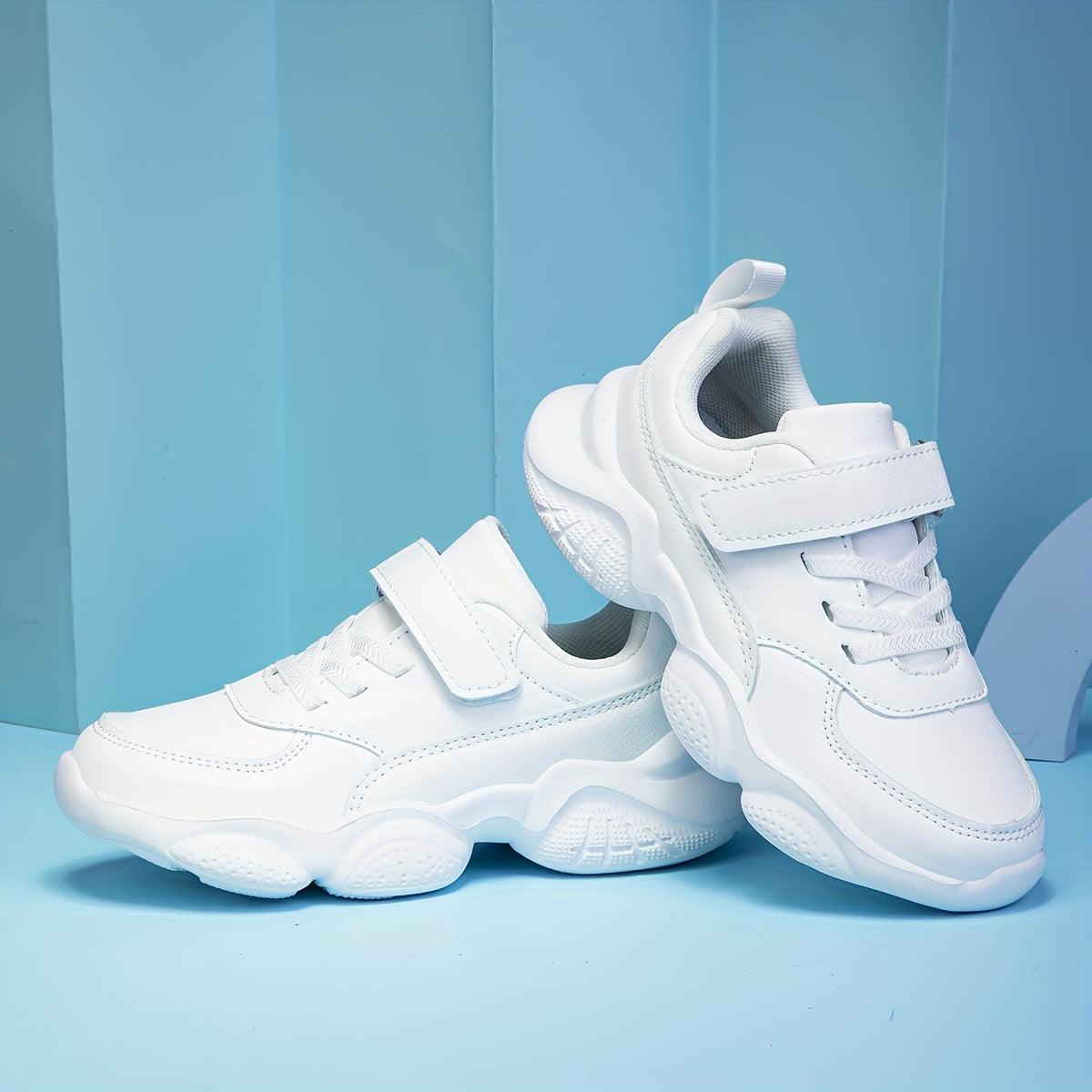 Youngsters' White Chunky Sneakers - Adjustable Hook-and-loop Fastener Strap, Easy Slip-On, Non-Slip EVA Sole, Comfortable Lining, Versatile for School and Sports, All-Season Wear, School Sneakers|Trendy Chunky Sneakers|Durabl